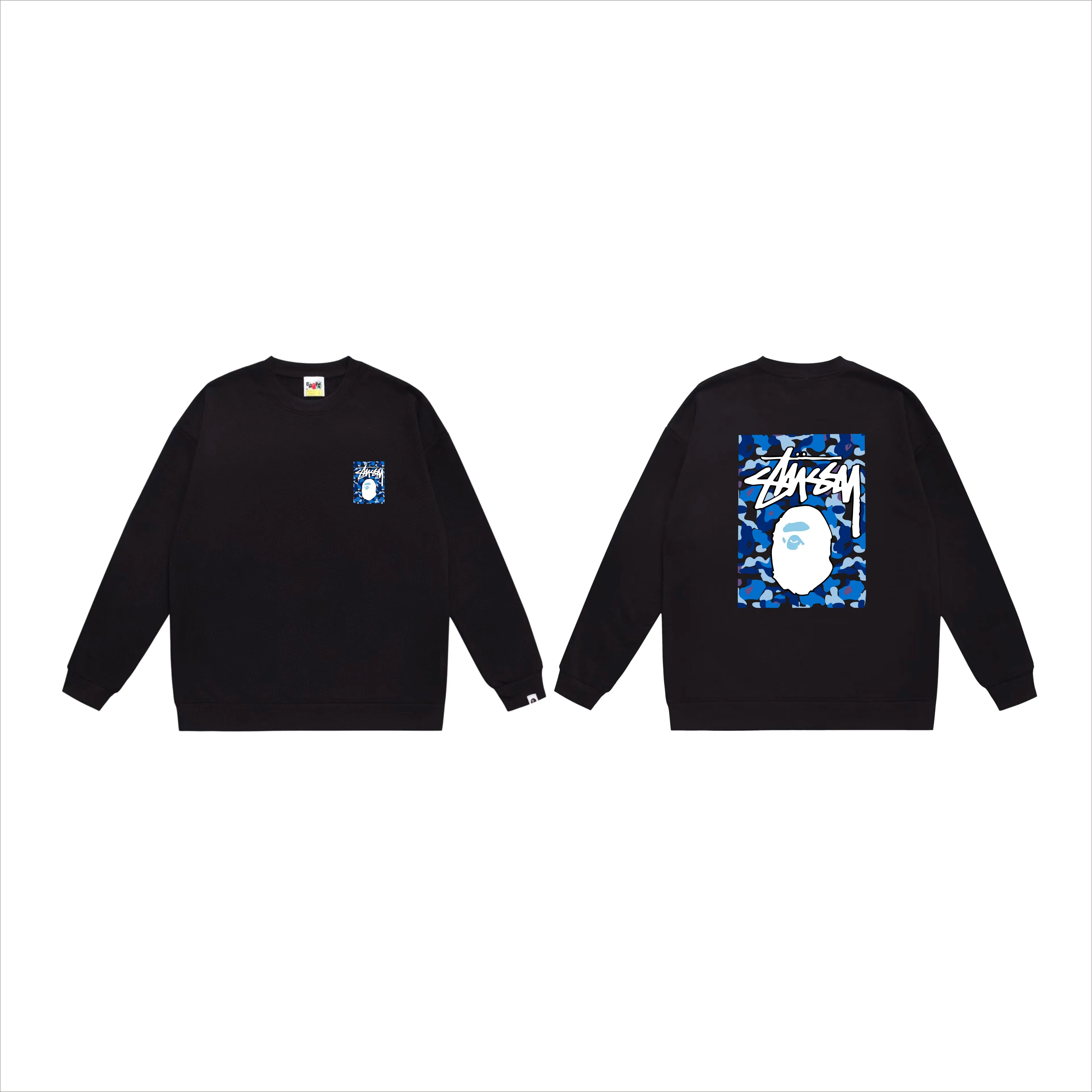 P150 model number SC503# terry 75 plus velvet 80 (top version) BAPE×STUSSY co-branded Stussy letter round neck sweatshirt Made of 350g large terry (drop shoulder large version) fabric, soft and non-pilling, imported environmentally friendly printing glue, bright and three-dimensional pattern, quality 💥Same style for men and women, the upper body is trendy Color: black, blue and white, white, blue and white, gray, blue and white, black, blue and black, white, blue and black, gray, blue and black Size: S M L XL XXL
