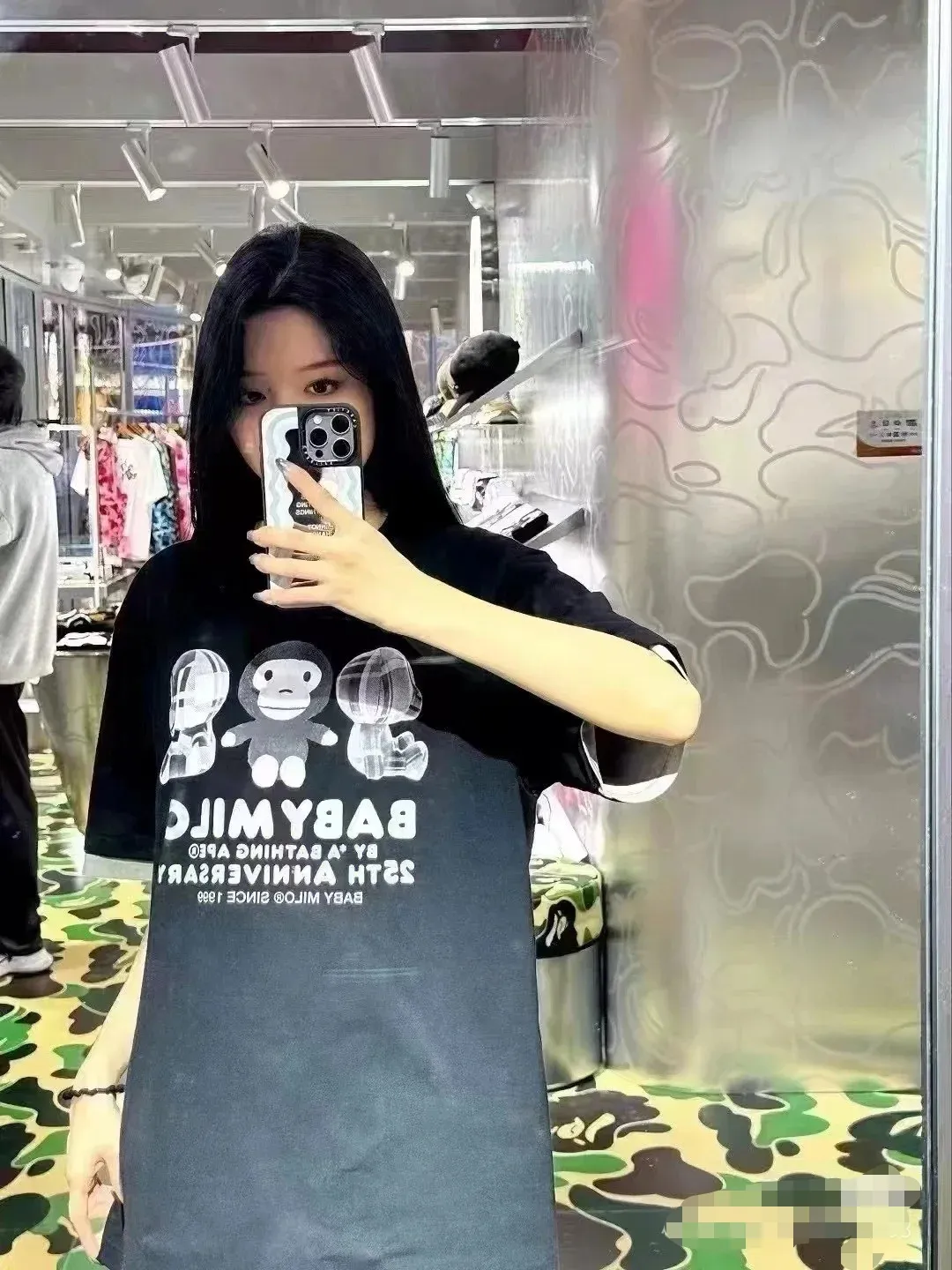 P110 001101 BAPE FW24 BABY MILO 25th Anniversary Series Sanrio co-branded cartoon monkey print pattern round neck short-sleeved T-shirt, same style for men and women, size smlxlxxl, black and white