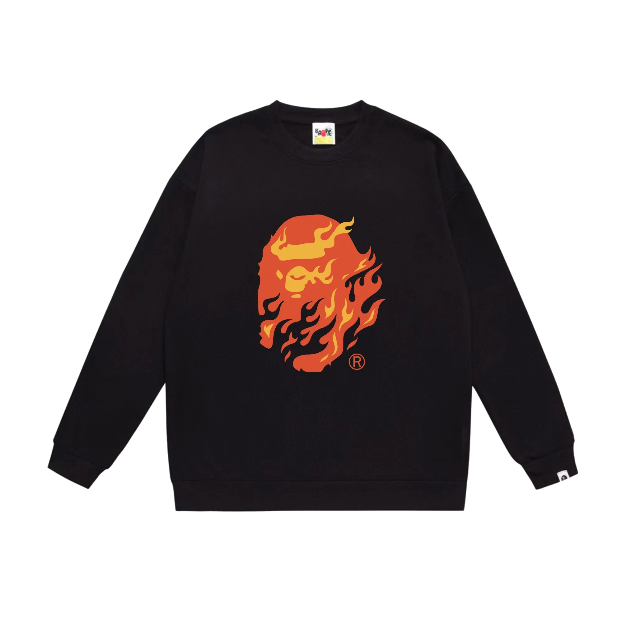 P150 model number SC528# terry 75 plus velvet 80 (top version) BAPE SS24 flame ape head print pattern round neck sweatshirt Made of 350g large terry (drop shoulder large version) fabric, soft and non-pilling, imported environmentally friendly printing glue, bright and three-dimensional pattern, quality 💥Same style for men and women, the upper body is fashionable Color: black white gray Size: S M L XL XXL