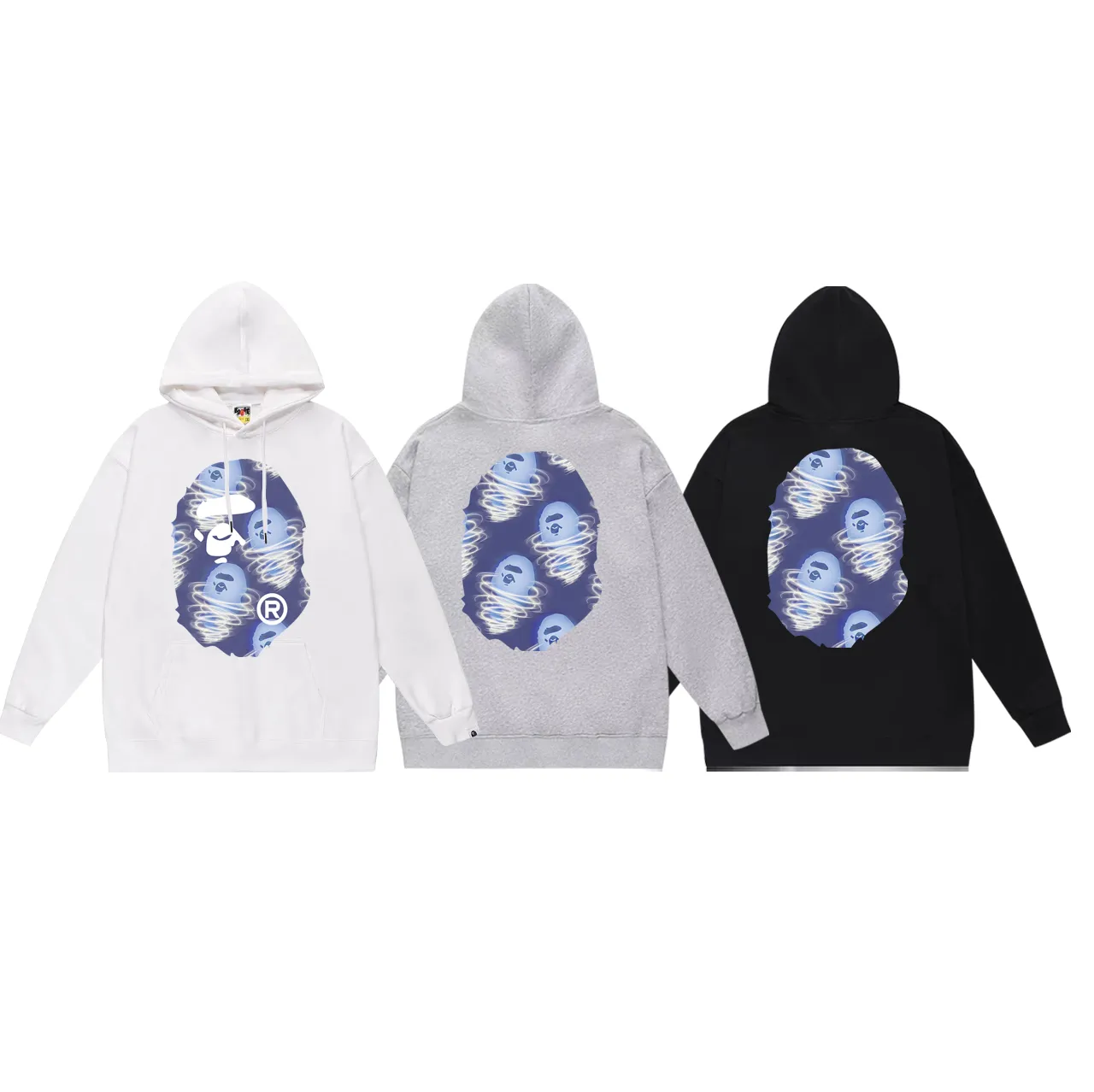 P160 model number SC761# terry 80 plus velvet 180💰 (top version) BAPE ape blue storm printed hooded sweatshirt Made of 380g large terry (drop shoulder large version) fabric, soft and non-pilling, imported environmentally friendly printing glue, bright and three-dimensional pattern, quality 💥Same style for men and women, the upper body is fashionable Color: black white gray Size: S M L XL XXL