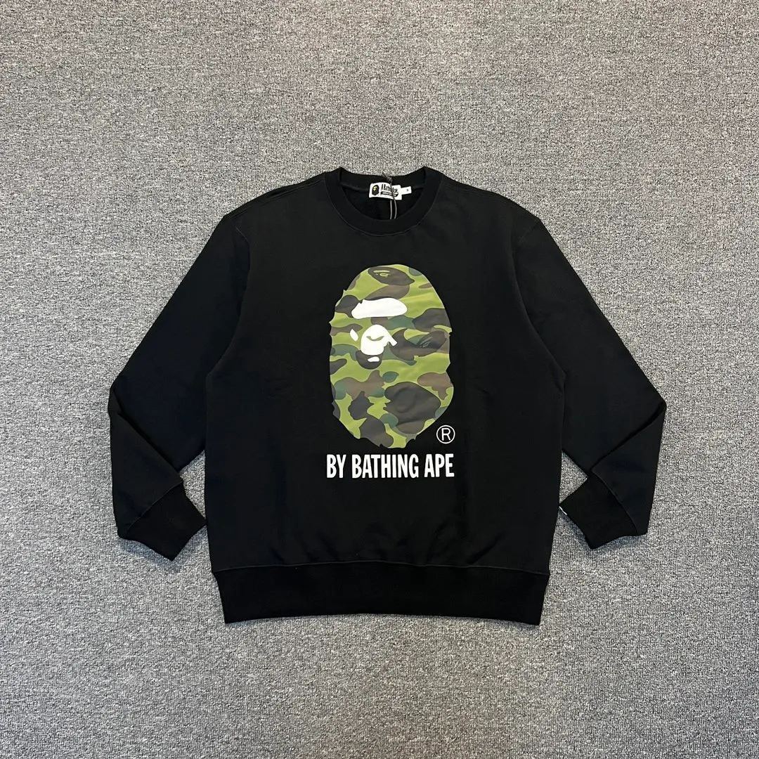 💰250 BAPE camouflage ape head letter print round neck sweatshirt Customized fabric high quality 420g pure cotton weight Couple model: S-XXL [black gray]
