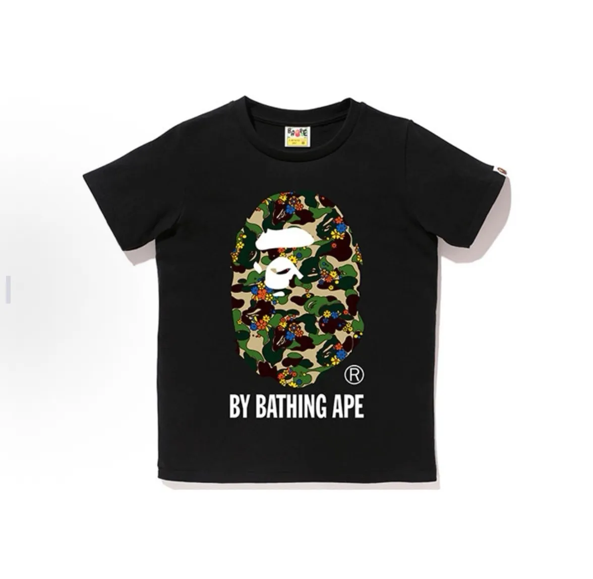 P110 001139 BAPE flower camouflage pattern ape letter print short-sleeved T-shirt, same style for men and women, size smlxlxxl, black and red, white and red, black and green, white and green