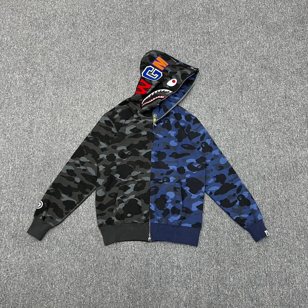 💰420 Bape City Camo Half SharkFull Zip Hoodie Shark stitching zipper hooded sweatshirt Heavy double zipper Customized fabric high quality Couple style: S—XXL [Blue Gray Purple Red]