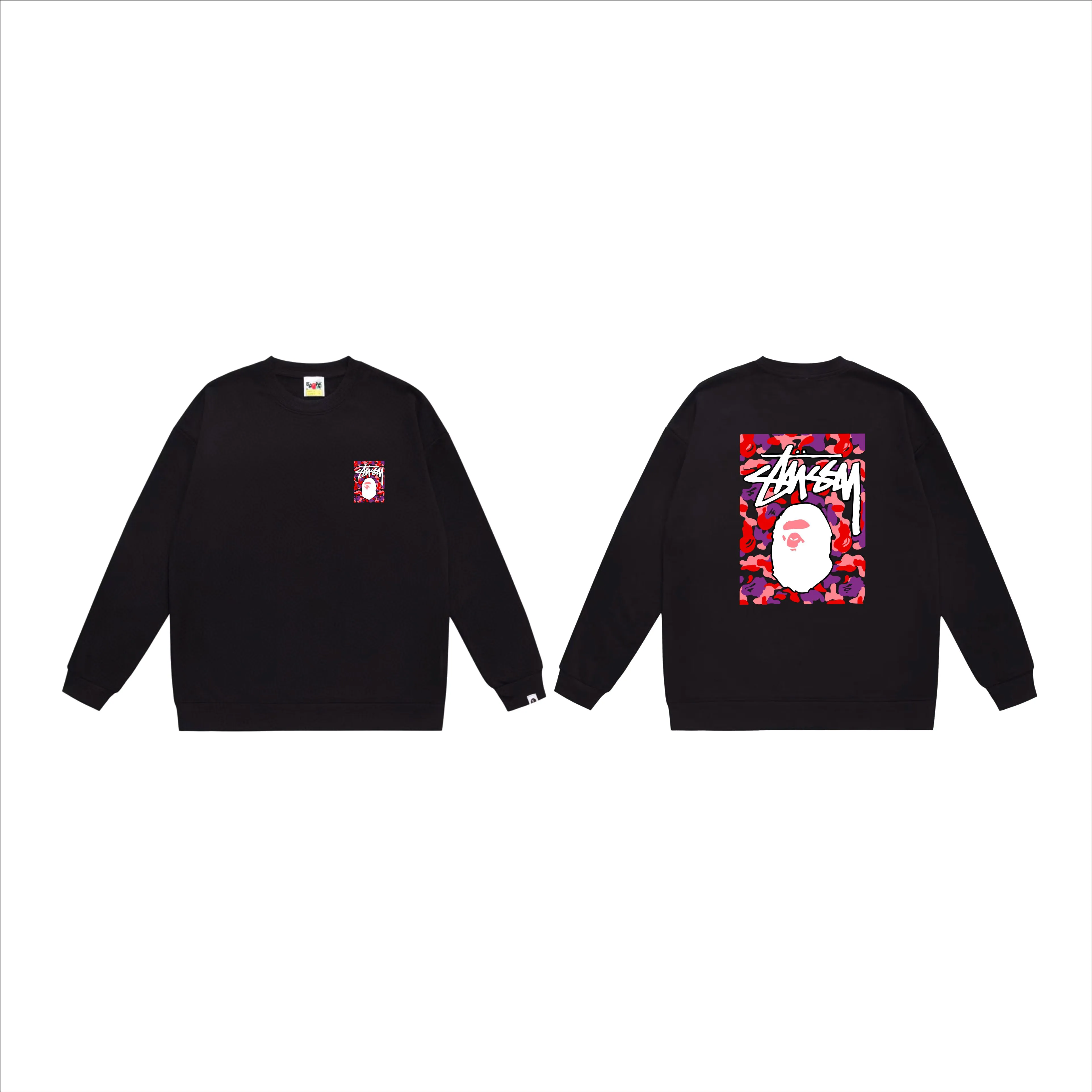 P150 model number SC503# terry 75 plus velvet 80 (top version) BAPE×STUSSY co-branded Stussy letter round neck sweatshirt Made of 350 grams of large terry (drop shoulder large version) fabric, soft texture and no pilling Imported environmentally friendly printing glue, bright and three-dimensional pattern, quality 💥Same style for men and women, the upper body is trendy Color: black red and white white red white gray red white black red black white red black gray red black Size: S M L XL XXL