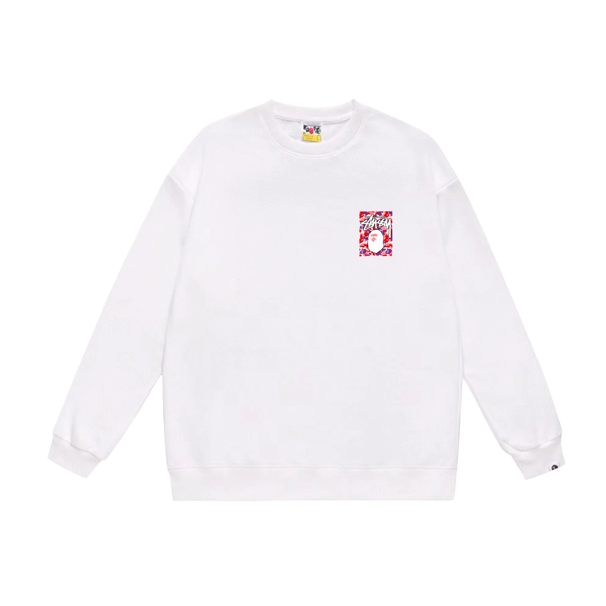 P150 model number SC503# terry 75 plus velvet 80 (top version) BAPE×STUSSY co-branded Stussy letter round neck sweatshirt Made of 350 grams of large terry (drop shoulder large version) fabric, soft texture and no pilling Imported environmentally friendly printing glue, bright and three-dimensional pattern, quality 💥Same style for men and women, the upper body is trendy Color: black red and white white red white gray red white black red black white red black gray red black Size: S M L XL XXL