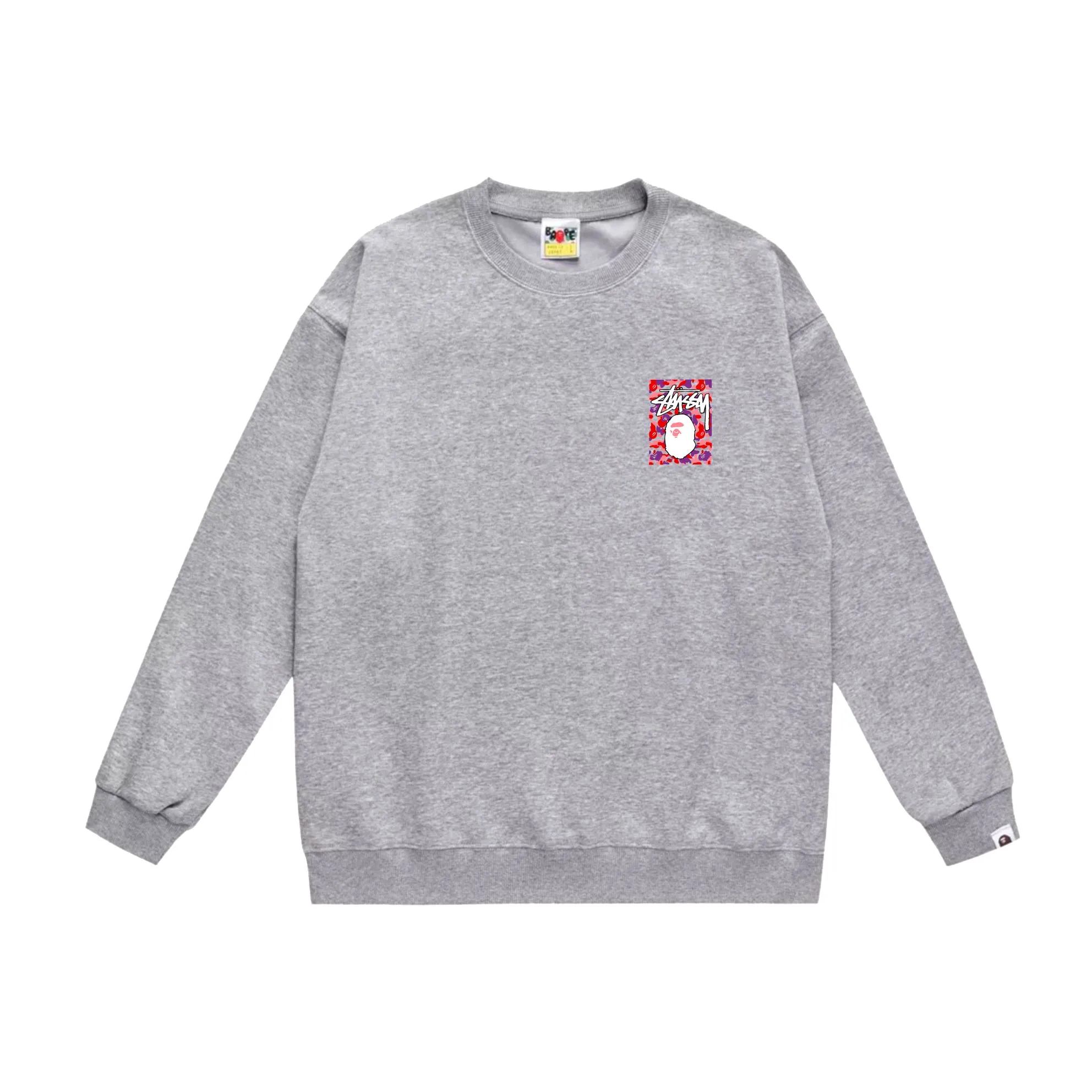 P150 model number SC503# terry 75 plus velvet 80 (top version) BAPE×STUSSY co-branded Stussy letter round neck sweatshirt Made of 350 grams of large terry (drop shoulder large version) fabric, soft texture and no pilling Imported environmentally friendly printing glue, bright and three-dimensional pattern, quality 💥Same style for men and women, the upper body is trendy Color: black red and white white red white gray red white black red black white red black gray red black Size: S M L XL XXL
