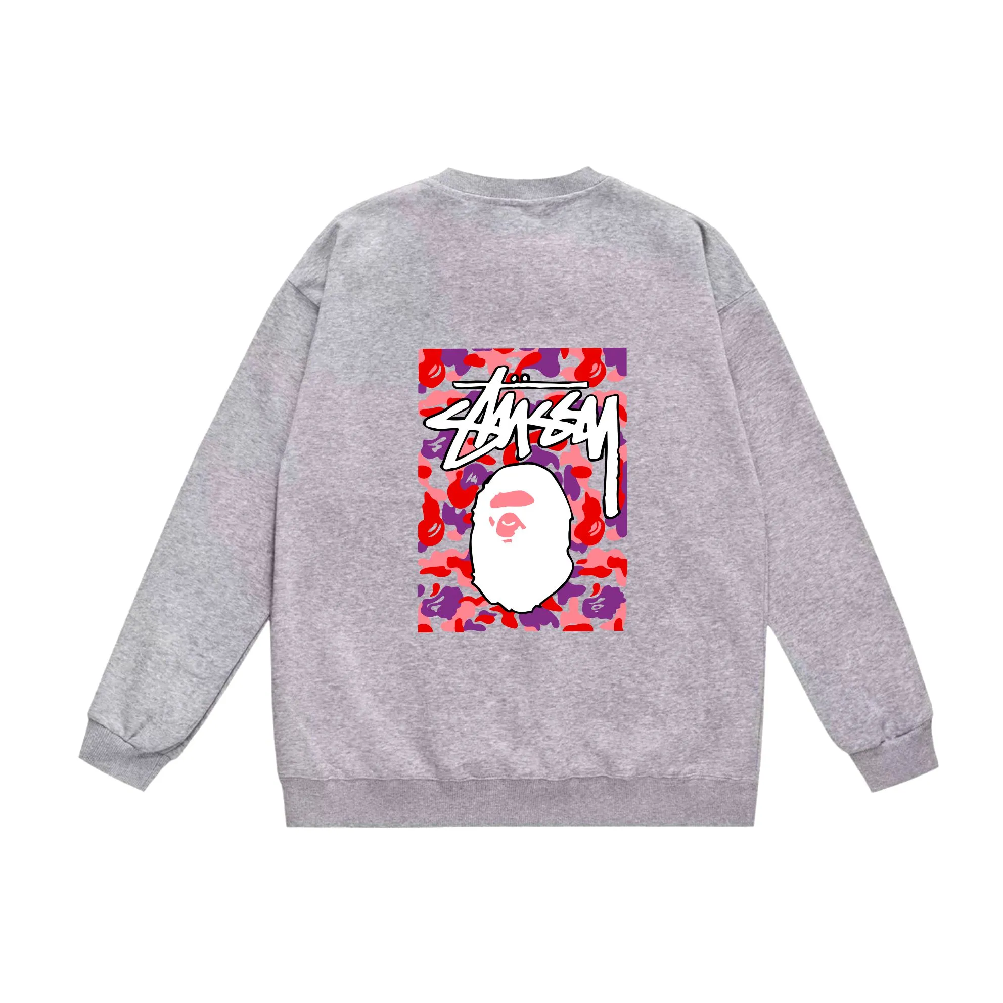 P150 model number SC503# terry 75 plus velvet 80 (top version) BAPE×STUSSY co-branded Stussy letter round neck sweatshirt Made of 350 grams of large terry (drop shoulder large version) fabric, soft texture and no pilling Imported environmentally friendly printing glue, bright and three-dimensional pattern, quality 💥Same style for men and women, the upper body is trendy Color: black red and white white red white gray red white black red black white red black gray red black Size: S M L XL XXL
