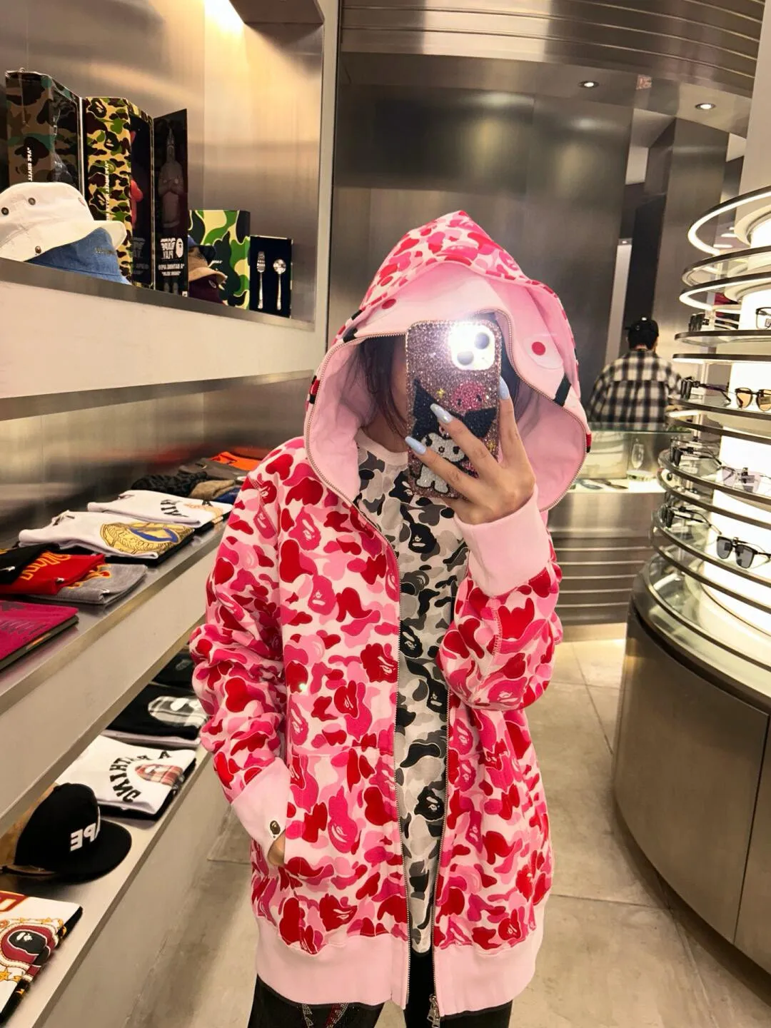 💰440 Bape Abc Double Hat Large Flower Camouflage Shark Customized fabric 1:1 Fine workmanship High version Couple model: S—XXL [Green Pink Blue]