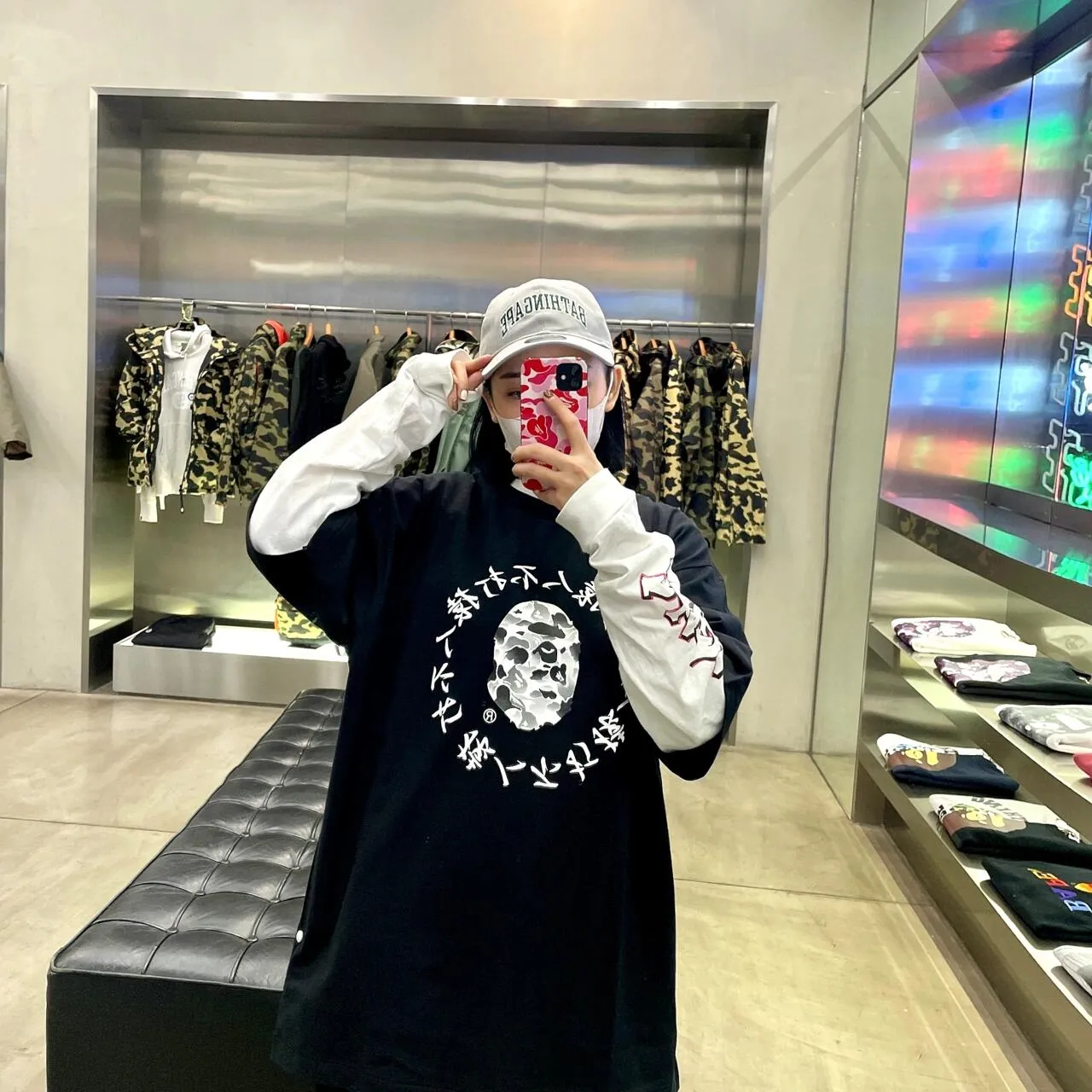 💰140 Bape 10th Anniversary Ink Camouflage Apes Don’t Fight Apes Customized Linen Cotton Fabric 280g Weight Couple Style: S—XXL [Black White]