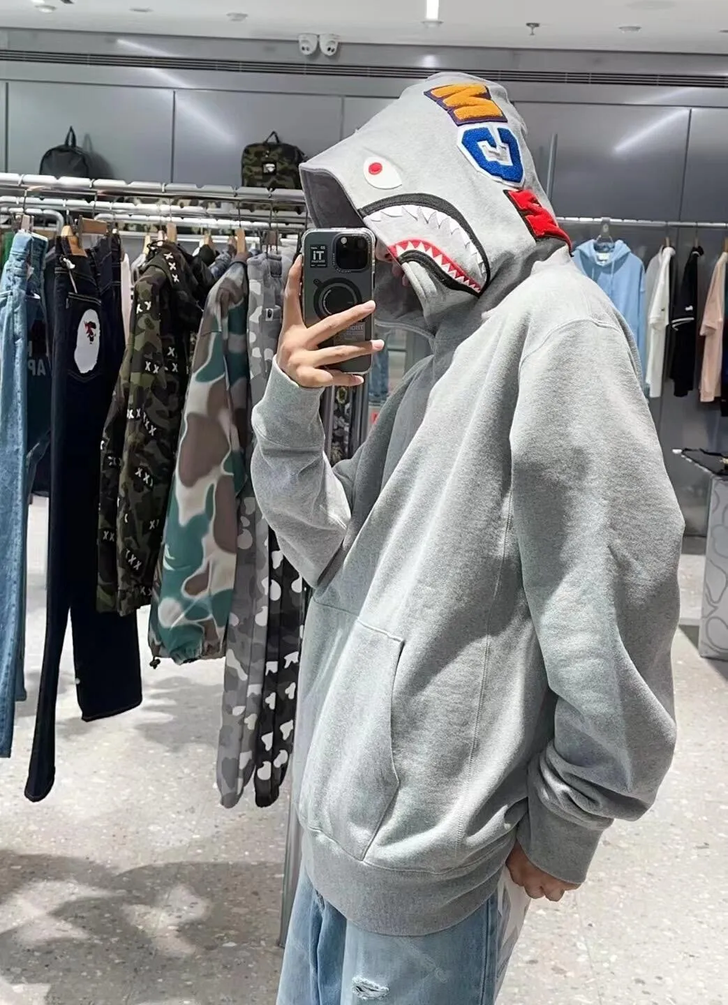 💰380 BAPE SHARK FULL ZIP solid color embroidered shark zipper sweatshirt jacket ZP version correct version 980g weight pure cotton custom fabric Couple style: S—XXL [black gray]