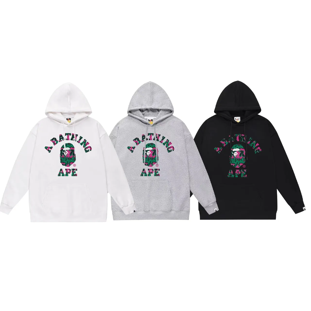 Model No. SC722# Terry p160 plus velvet 180💰 (top version) BAPE ape head letter printed hooded sweatshirt Made of 380g large terry (drop shoulder large version) fabric, soft texture and no pilling Imported environmentally friendly printing glue, bright and three-dimensional pattern, quality 💥Same style for men and women. The upper body is trendy. Color: black white gray Size: S M L XL XXL