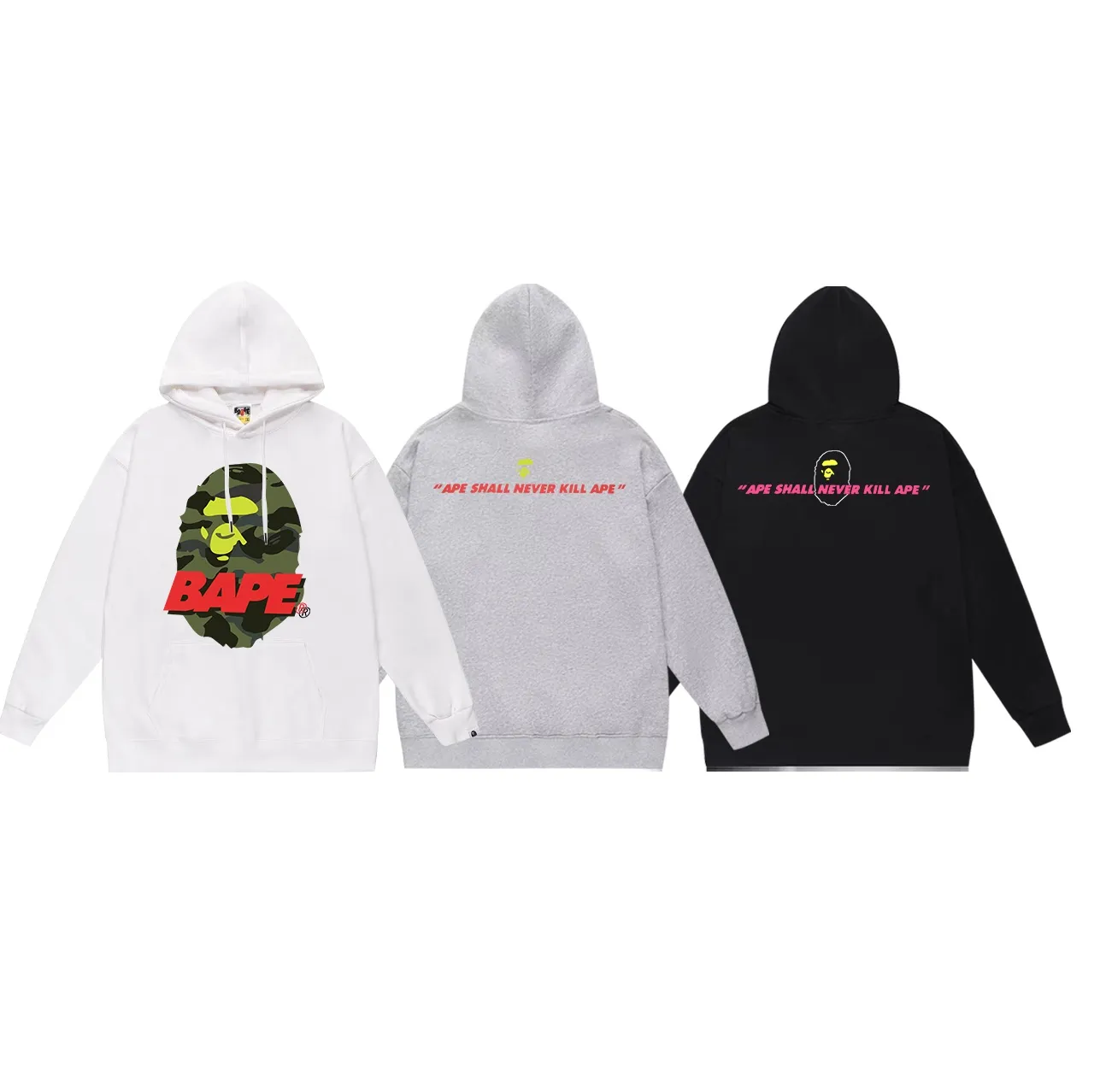 Model No. SC624# terry p160 plus velvet p180💰 (top version) BAPE camouflage ape head pattern contrasting letter print hooded sweatshirt. Made of 380g large terry 430g silver fox velvet (drop shoulder large version) fabric. The texture is soft and non-pilling. Imported environmentally friendly printing glue. The pattern is bright and three-dimensional. Quality💥Same style for men and women. The upper body is trendy. Color: black white gray Size: S M L XL XXL