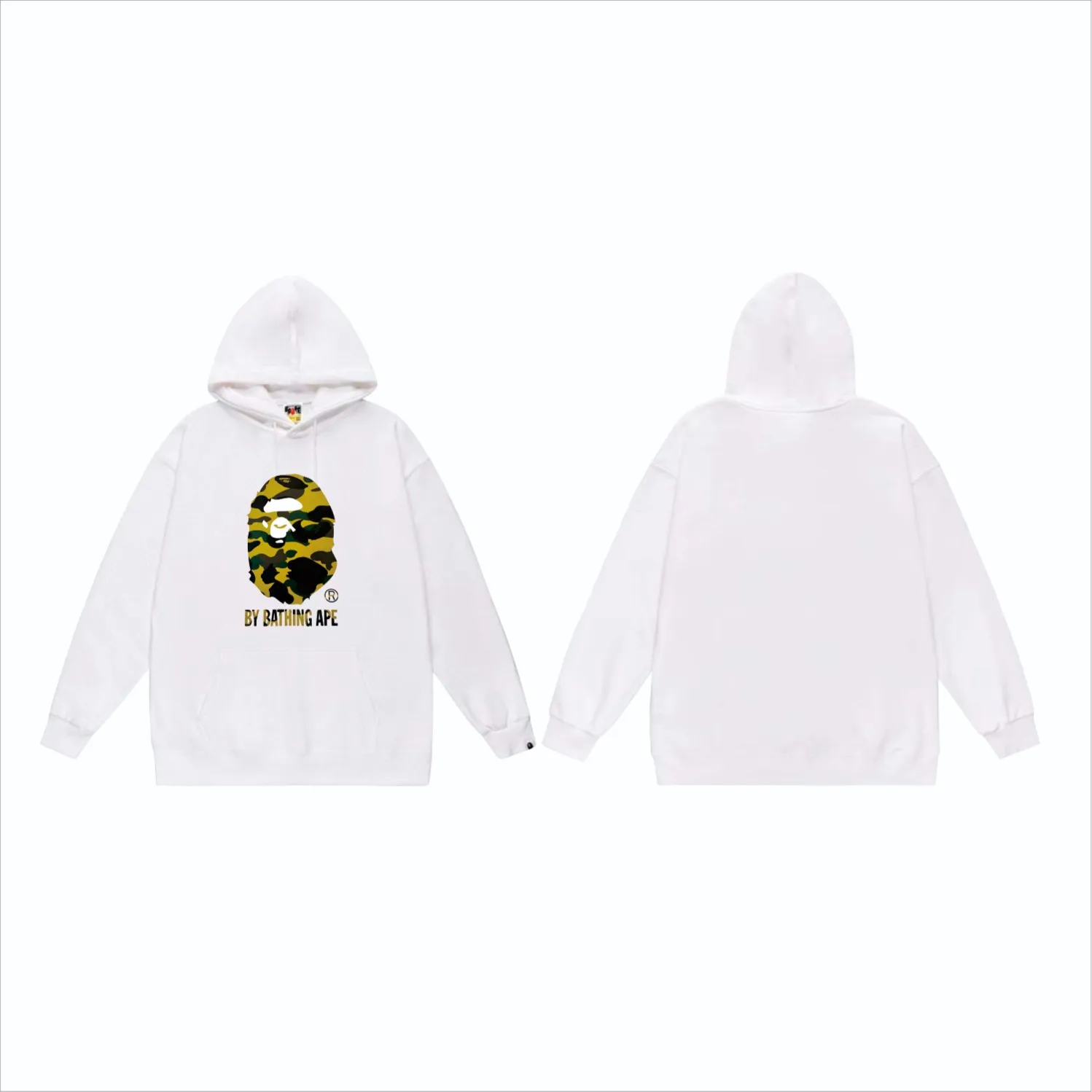 P160 model number SC860# terry 80 plus velvet 90 (top version) BAPE's classic great ape print camouflage hooded sweatshirt. Made of 380g large terry (drop shoulder large version) fabric. The texture is soft and does not pill. Imported environmentally friendly printing glue. The pattern is bright and three-dimensional. Quality💥Same style for men and women. The upper body is trendy. Color: black and yellow, white and yellow, gray and yellow, black and green, white and green, gray and green. Size: S M L XL XXL