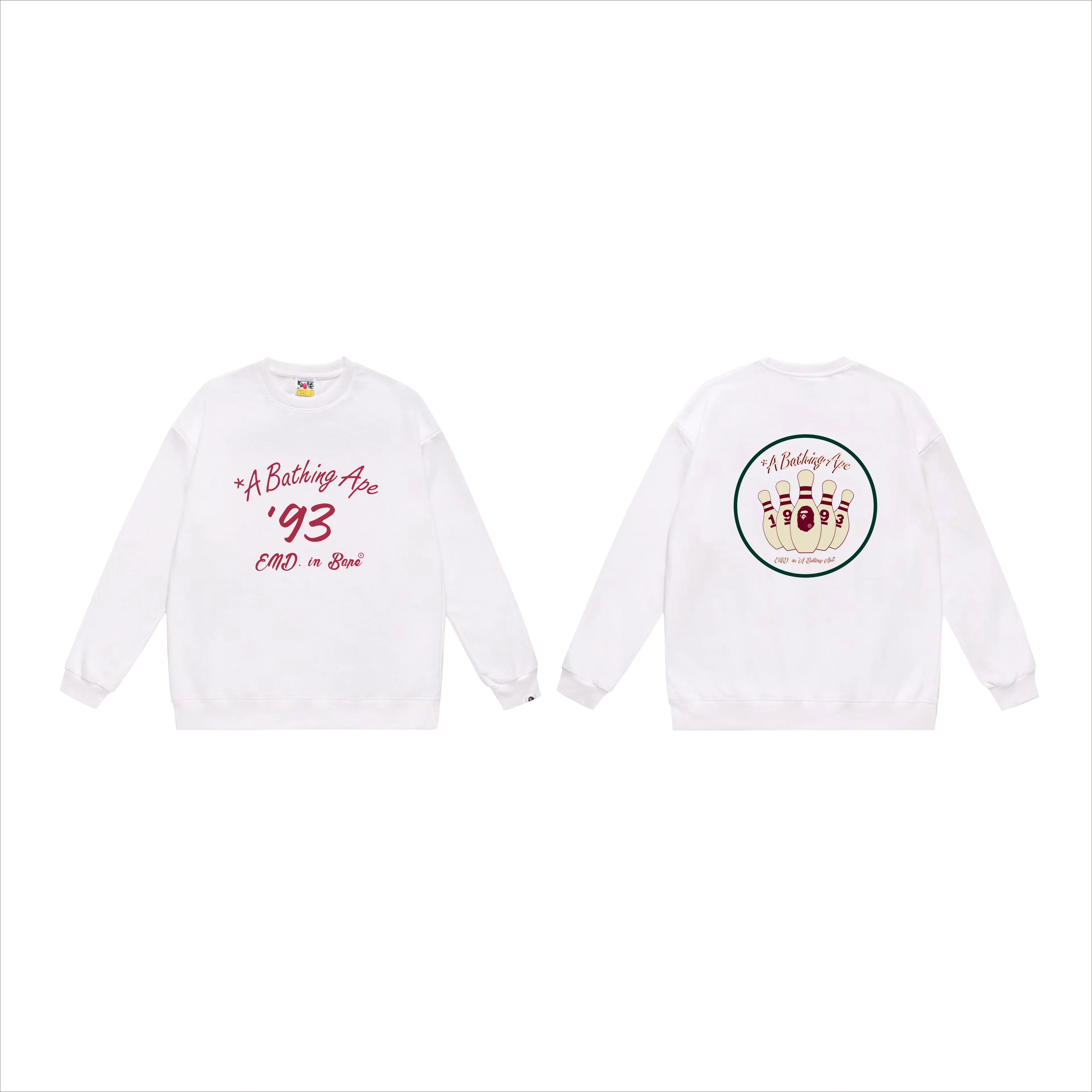 P170 model number SC565# terry 80 plus velvet 85 (top version) BAPE×END co-branded alphanumeric bowling print round neck sweatshirt Made of 350g large terry (drop shoulder large version) fabric, soft texture and no pilling Imported environmentally friendly printing glue The pattern is bright and three-dimensional Quality 💥Same style for men and women The upper body is trendy Color: black white gray Size: S M L XL XXL
