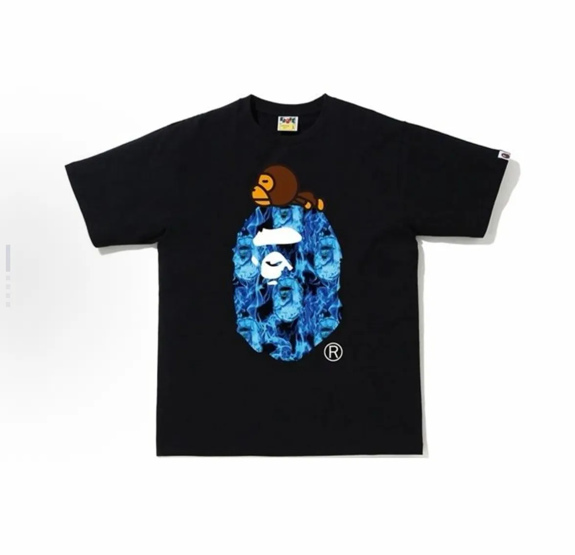 P110 001046 BAPE Flame Milo On Big Ape Tee Flame Milo Ape Man short-sleeved T-shirt, same style for men and women, size smlxlxxl, black and blue, white and blue, black and yellow, white and yellow