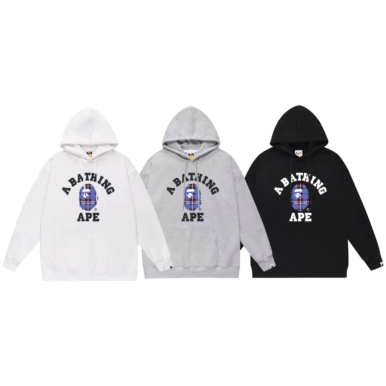 P160 model number SC796# terry 80 plus velvet 90 (top version) BAPE ape man head classic letter plaid pattern printed hooded sweatshirt. Made of 380g large terry (drop shoulder large version) fabric. The texture is soft and non-pilling. Imported environmentally friendly printing glue. The pattern is bright and three-dimensional. Quality 💥Same style for men and women. The upper body is trendy. Color: black white gray Size: S M L XL XXL