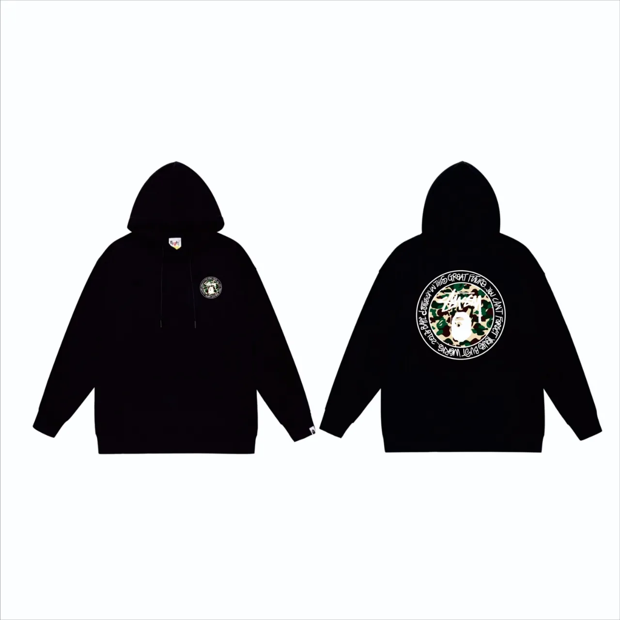 P160 model number SC819# terry 80 plus velvet 90 (top version) BAPE×STUSSY co-branded Stussy letter printed hooded sweatshirt Made of 380 grams of large terry (drop shoulder large version) fabric, soft texture and no pilling Imported environmentally friendly printing glue The pattern is bright and three-dimensional Quality 💥Same style for men and women The upper body is trendy Color: Black White Gray Size: S M L XL XXL