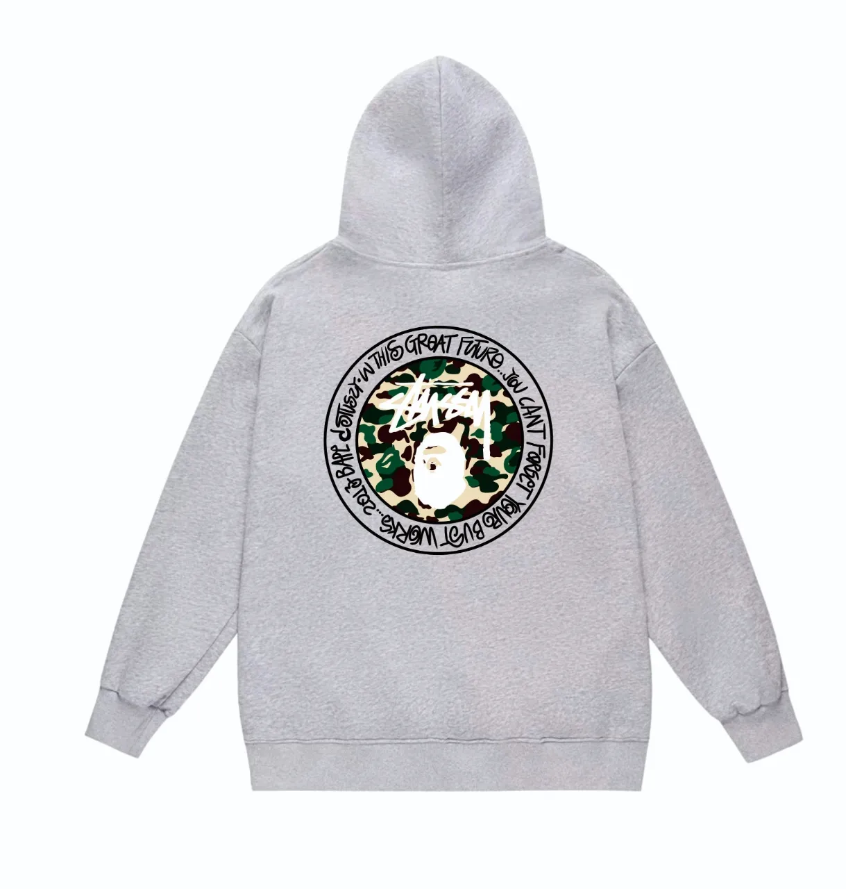 P160 model number SC819# terry 80 plus velvet 90 (top version) BAPE×STUSSY co-branded Stussy letter printed hooded sweatshirt Made of 380 grams of large terry (drop shoulder large version) fabric, soft texture and no pilling Imported environmentally friendly printing glue The pattern is bright and three-dimensional Quality 💥Same style for men and women The upper body is trendy Color: Black White Gray Size: S M L XL XXL