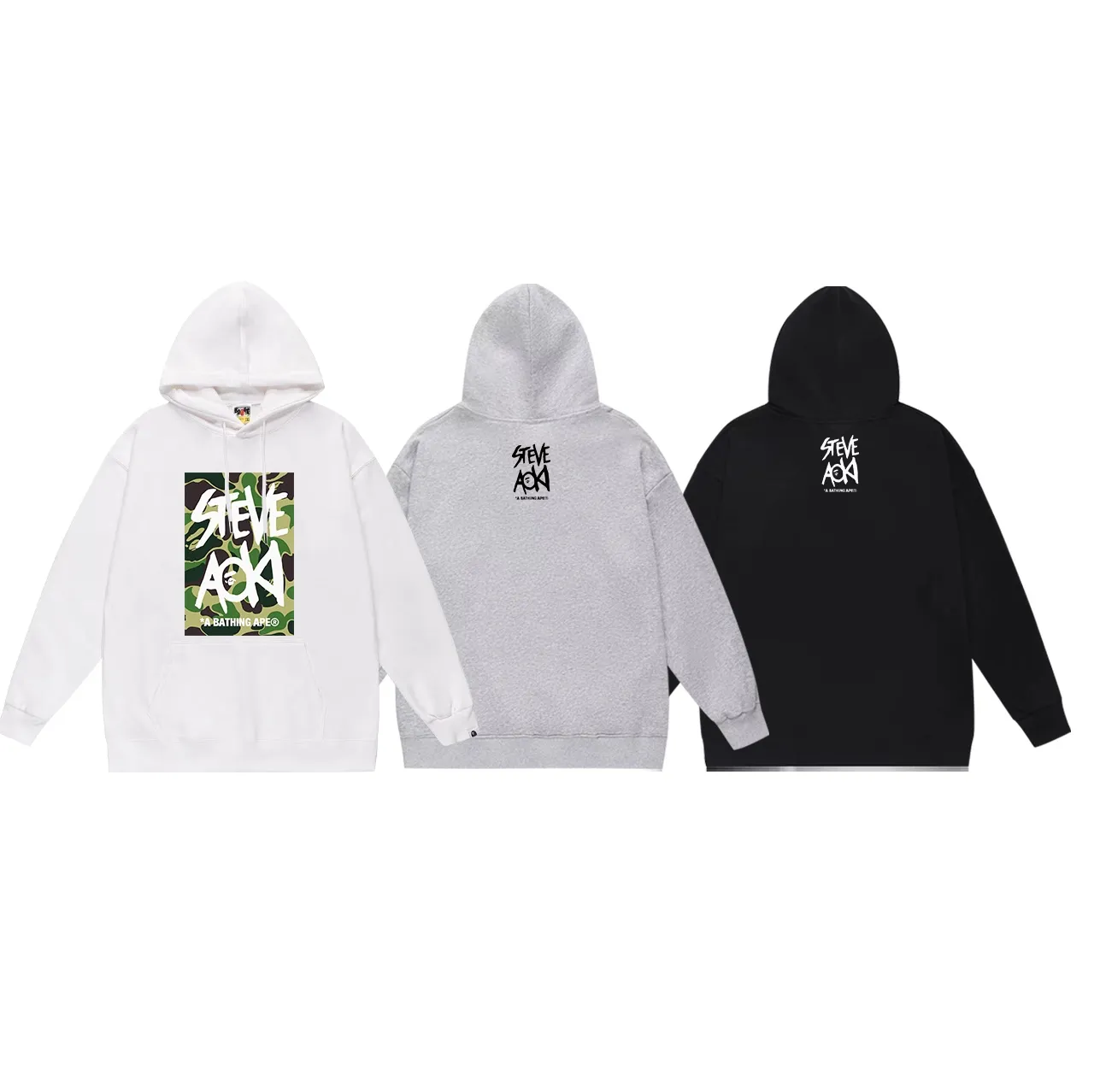 Model No. SC632#terry p160 plus velvet p180💰 (top version) BAPE✖️STEVE AOKI camouflage ape head double-sided printed hooded sweatshirt. Made of 380g large terry 430g silver fox velvet (drop shoulder large version) fabric. The texture is soft and non-pilling. Imported environmentally friendly printing glue. The pattern is bright and three-dimensional. Quality💥Same style for men and women. The upper body is trendy. Color: black white gray Size: S M L XL XXL