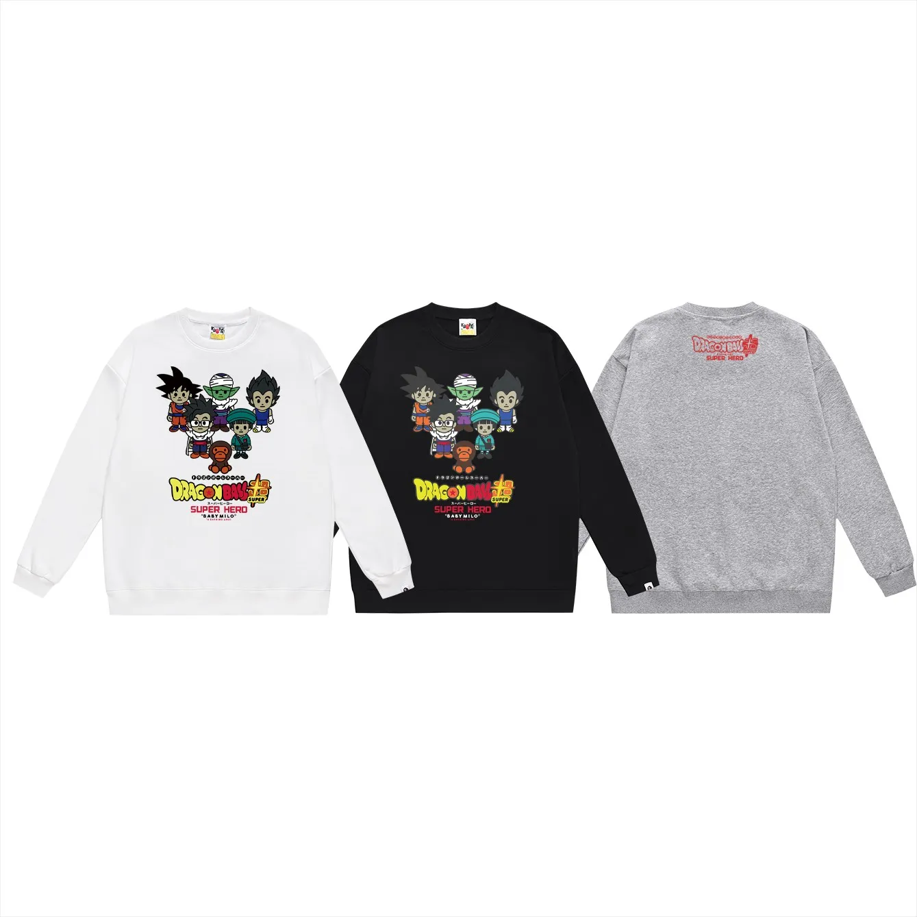 P150 model number SC485# terry 75 plus velvet 80 (top version) BAPE MILO × Dragon Ball Super SUPER HERO printed round neck sweatshirt Made of 350g large terry (drop shoulder large version) fabric, soft texture and no pilling Imported environmentally friendly printing glue The pattern is bright and three-dimensional Quality 💥Same style for men and women The upper body is trendy Color: black white gray Size: S M L XL XXL
