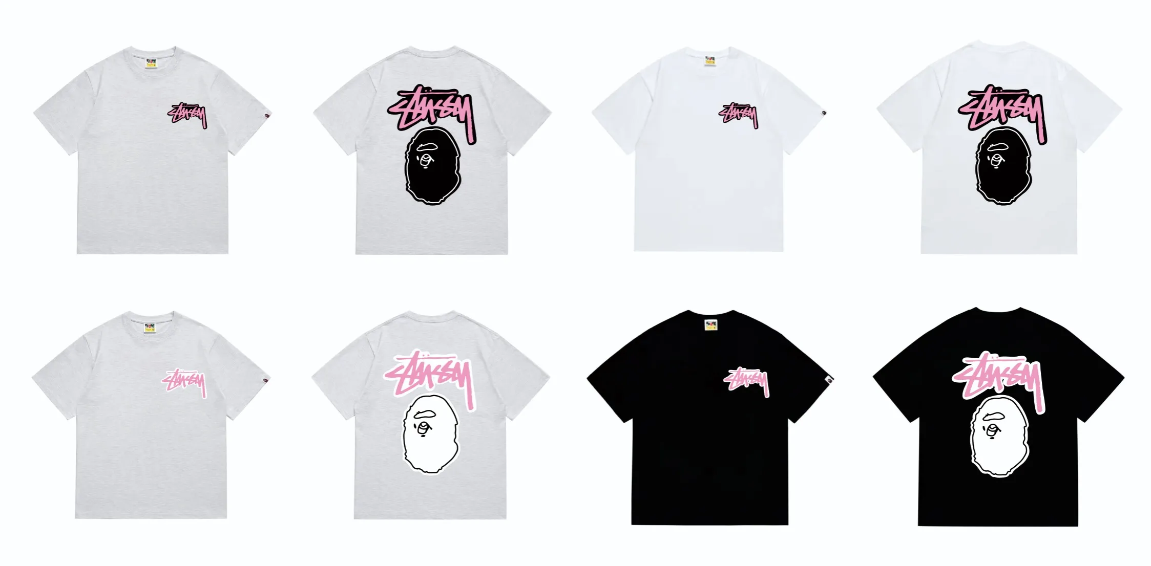 SC206#p110💰 (top version) BAPE×Stussy co-branded Stussy letter ape print T-shirt Made of 260 grams of high-quality high-weave pure cotton fabric, double yarn combed, soft texture and no pilling Imported environmentally friendly printing glue, bright and three-dimensional pattern, quality 💥Same style for men and women, the upper body is fashionable Color: black and white, gray and white, pink and white, red and white, white and black, gray and black, pink and black, red and black Size: S M L XL XXL