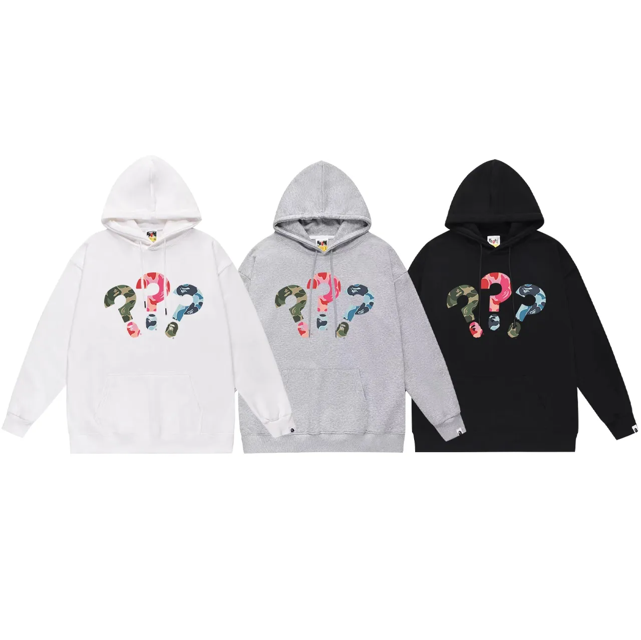 Model No. SC664# Terry p160 plus velvet p180💰 (top version) BAPE ape head ❓❓❓question mark print hooded sweatshirt Made of 380g large terry 430g silver fox velvet (drop shoulder large version) fabric. The texture is soft and non-pilling. Imported environmentally friendly printing glue. The pattern is bright and three-dimensional. Quality💥Same style for men and women. The upper body is trendy. Color: black white gray Size: S M L XL XXL