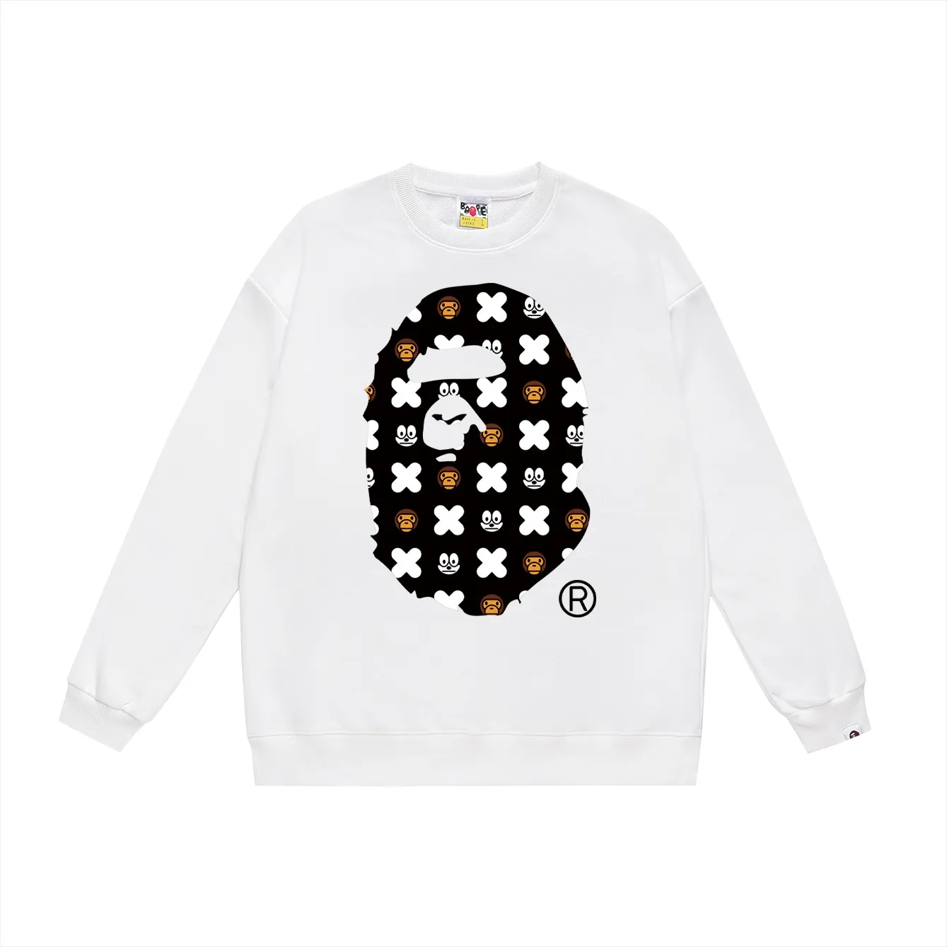 P150 model number SC456# terry 75 plus velvet 80 (top version) BAPE ape head cartoon pattern printed round neck sweatshirt. Made of 350 grams of large terry (drop shoulder large version) fabric. The texture is soft and non-pilling. Imported environmentally friendly printing glue. The pattern is bright and three-dimensional. Quality 💥Same style for men and women. The upper body is trendy. Color: black white gray Size: S M L XL XXL