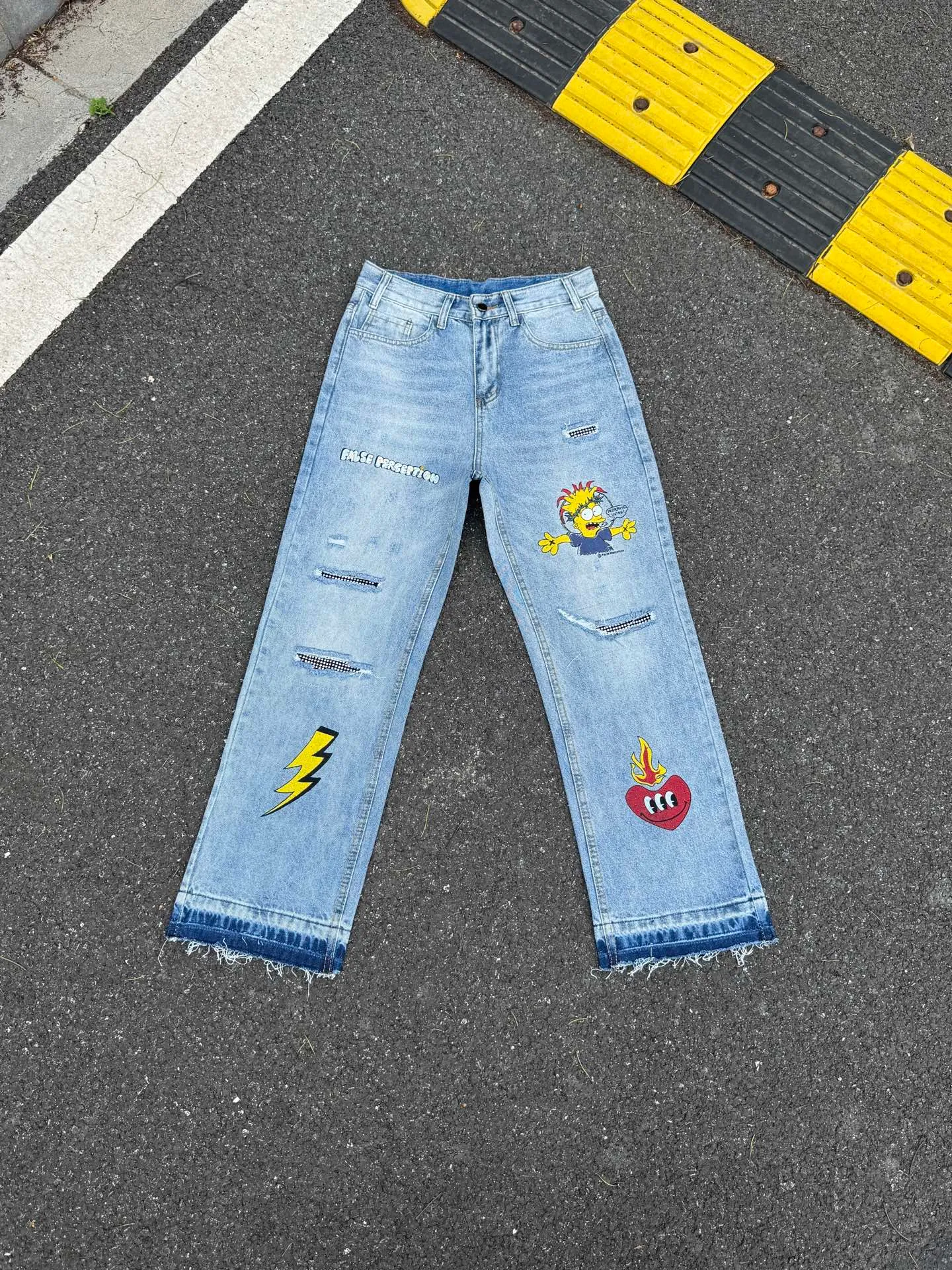 🅿️260 F124 False Perception Carhartt Cartoon Graffiti Worn and Destroyed Diamond Jeans Same Style for Men and Women Color: Blue Code Number: 28 30 32 34 36