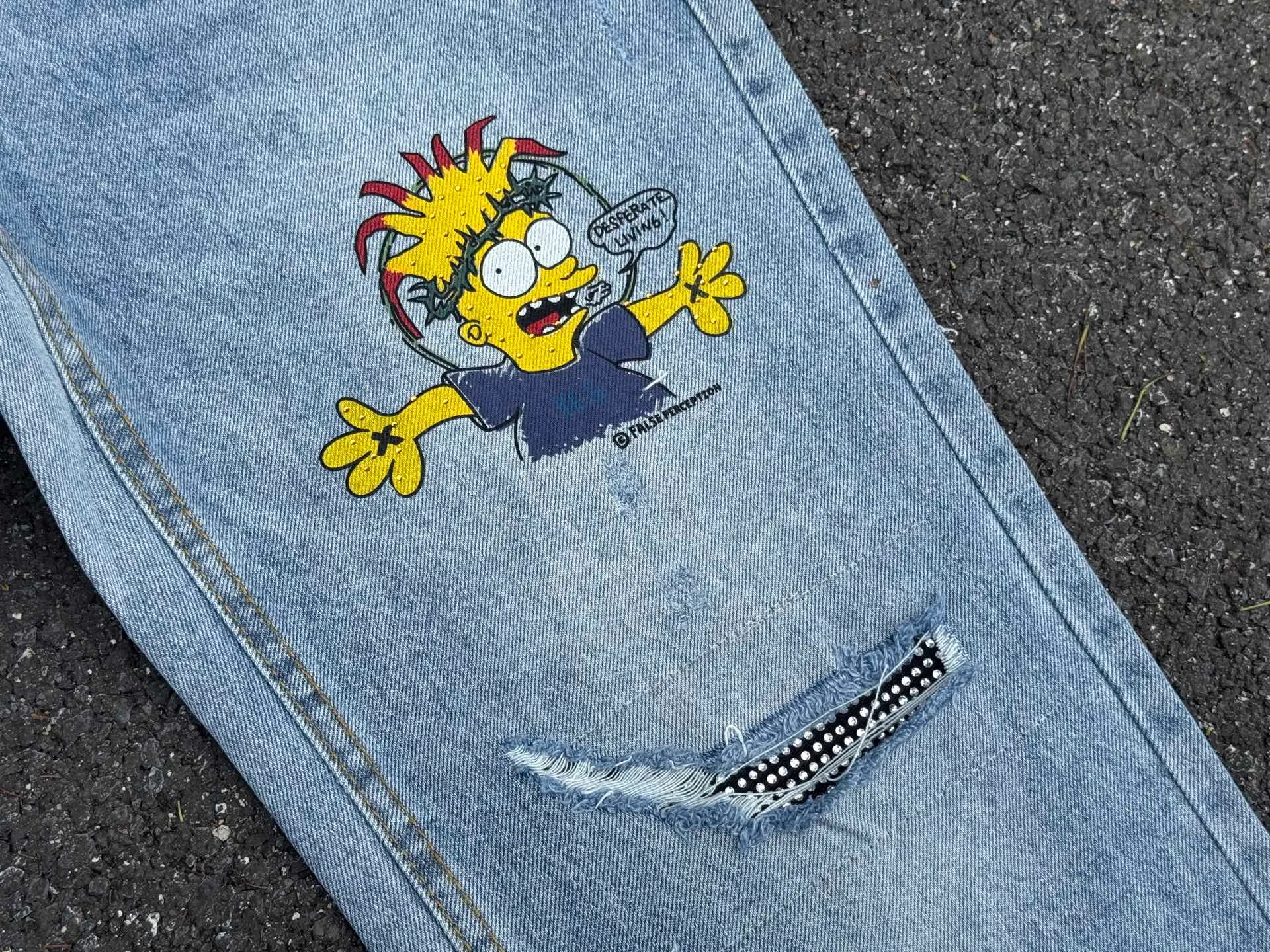 🅿️260 F124 False Perception Carhartt Cartoon Graffiti Worn and Destroyed Diamond Jeans Same Style for Men and Women Color: Blue Code Number: 28 30 32 34 36