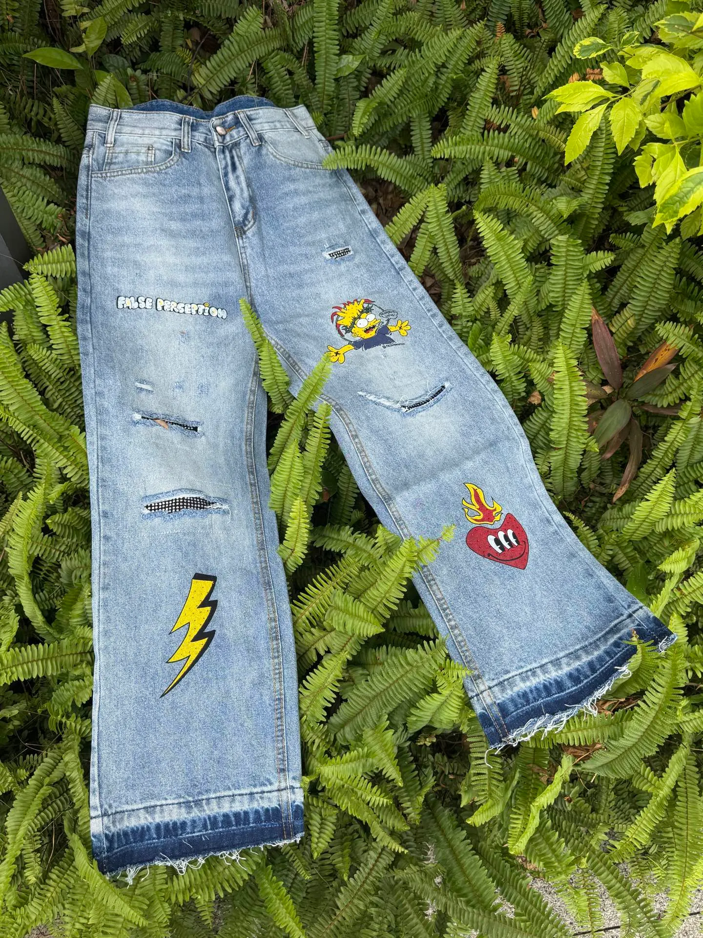 🅿️260 F124 False Perception Carhartt Cartoon Graffiti Worn and Destroyed Diamond Jeans Same Style for Men and Women Color: Blue Code Number: 28 30 32 34 36