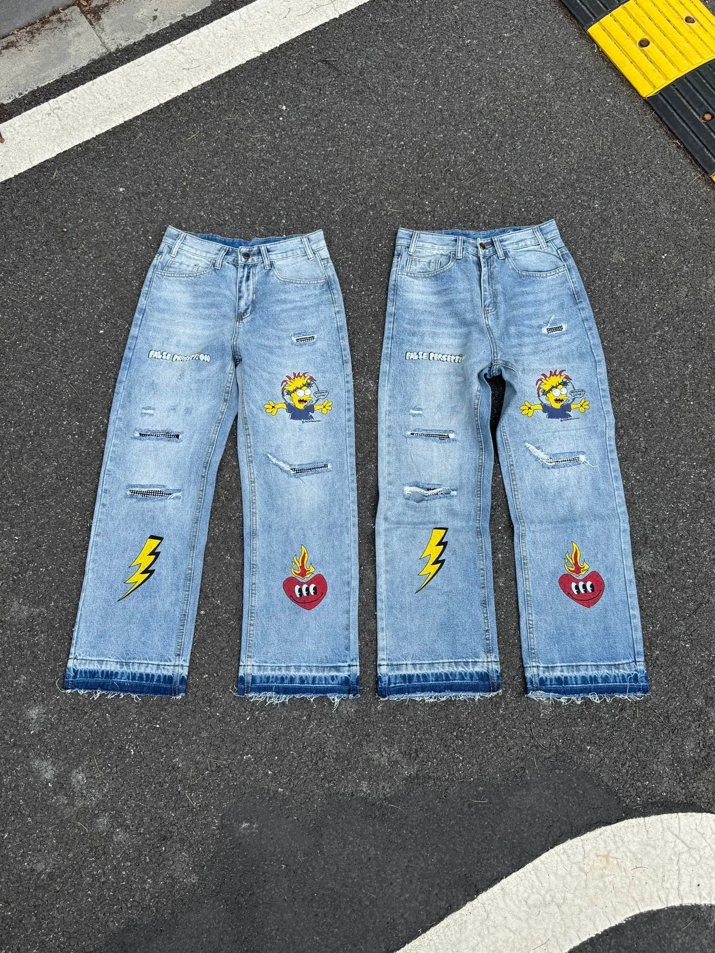 🅿️260 F124 False Perception Carhartt Cartoon Graffiti Worn and Destroyed Diamond Jeans Same Style for Men and Women Color: Blue Code Number: 28 30 32 34 36