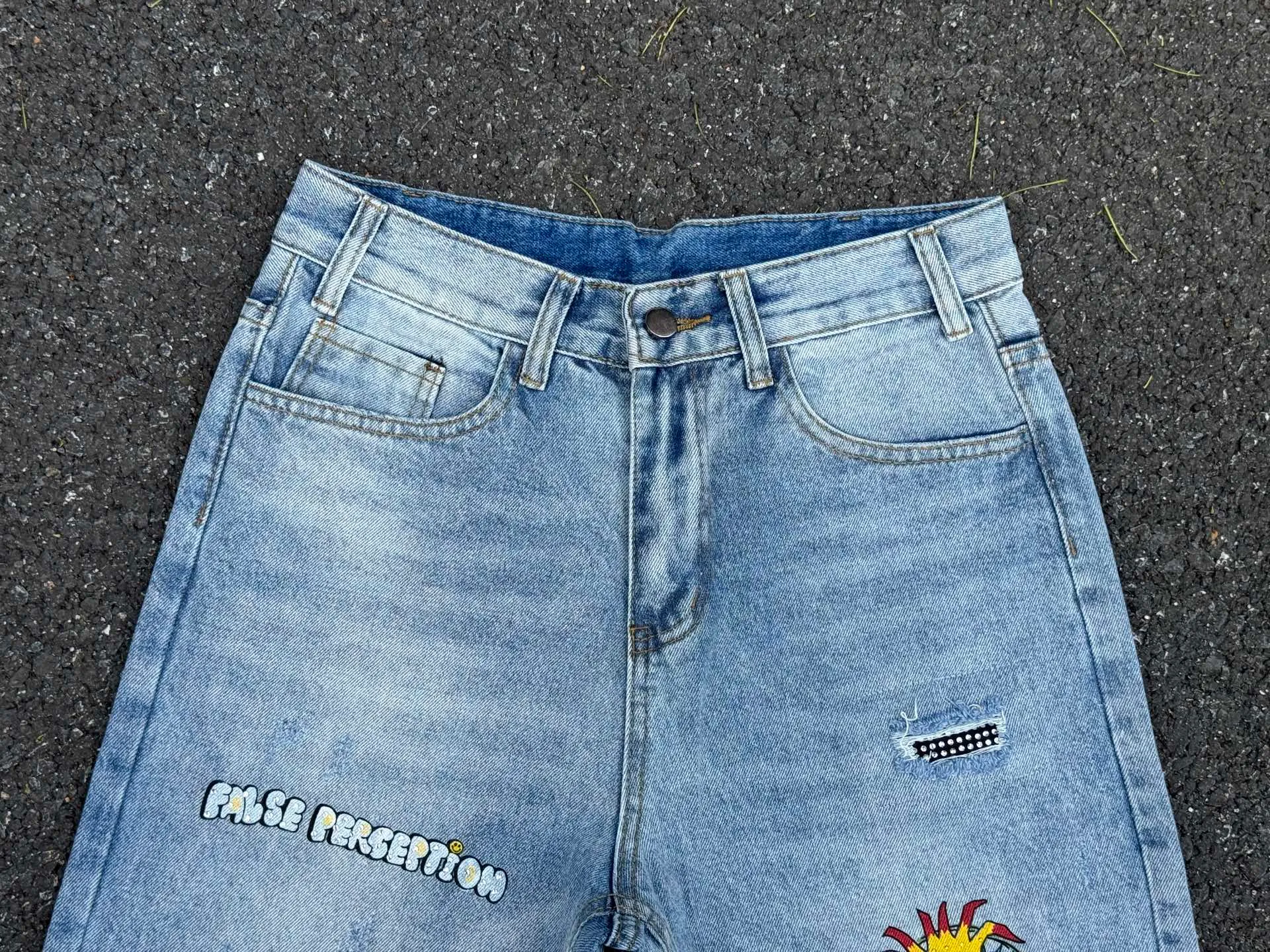 🅿️260 F124 False Perception Carhartt Cartoon Graffiti Worn and Destroyed Diamond Jeans Same Style for Men and Women Color: Blue Code Number: 28 30 32 34 36