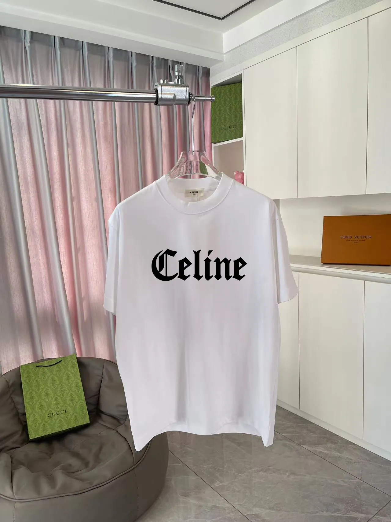 🅿️170 Celine 2025 summer new style personalized letter logo printing customized fabric 300g short-sleeved T-shirt same style for men and women Size: S M L XL XXL five sizes Color: black white lake green purple iron gray