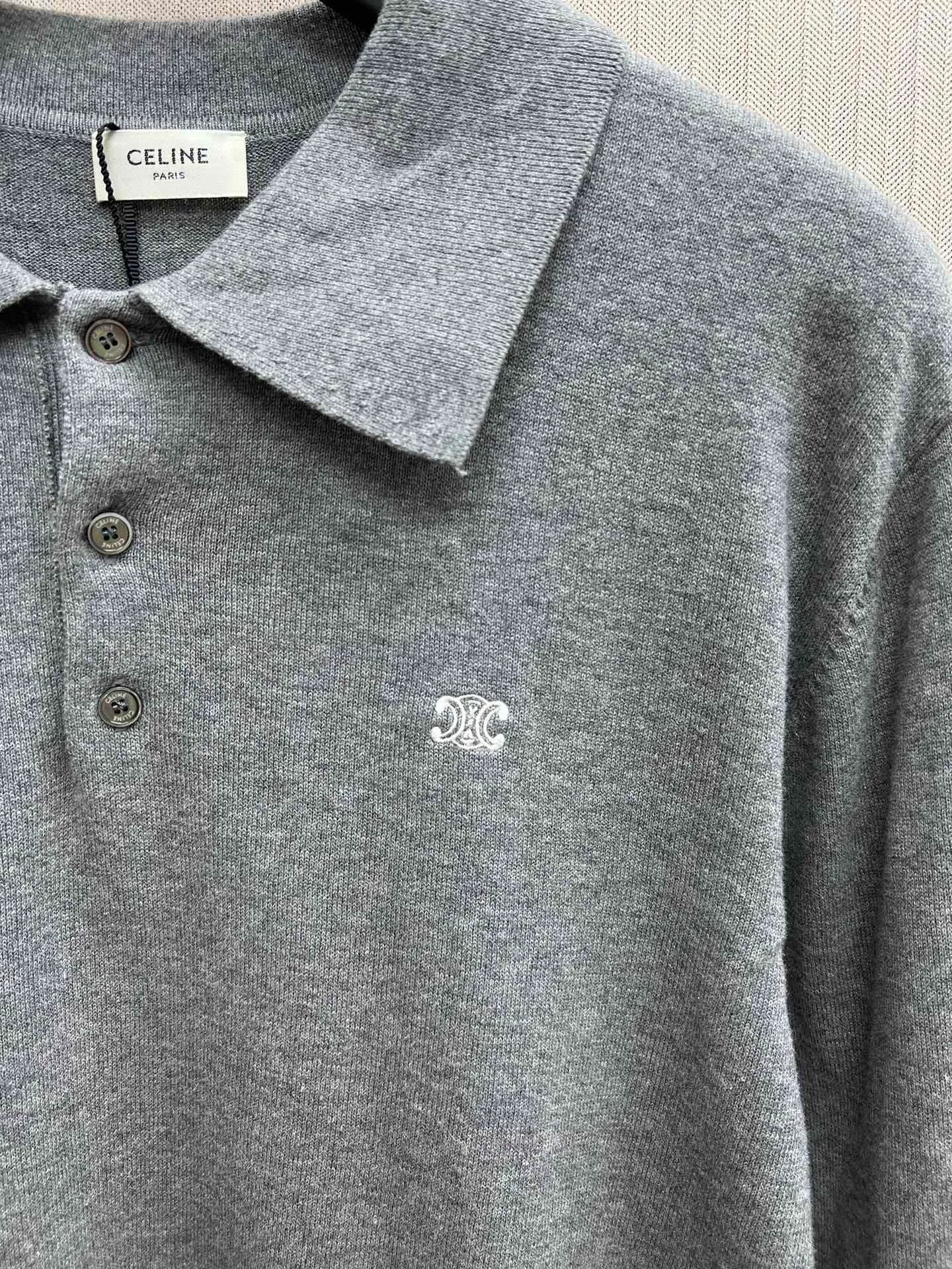 🅿️410 Celine 25ss new DRAWING series solid color POLO collar ribbed trim sweater Size: S.M.L.XL.