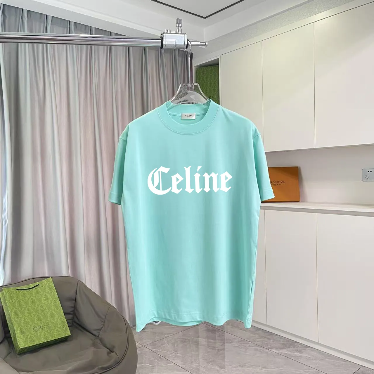 🅿️170 Celine 2025 summer new style personalized letter logo printing customized fabric 300g short-sleeved T-shirt same style for men and women Size: S M L XL XXL five sizes Color: black white lake green purple iron gray