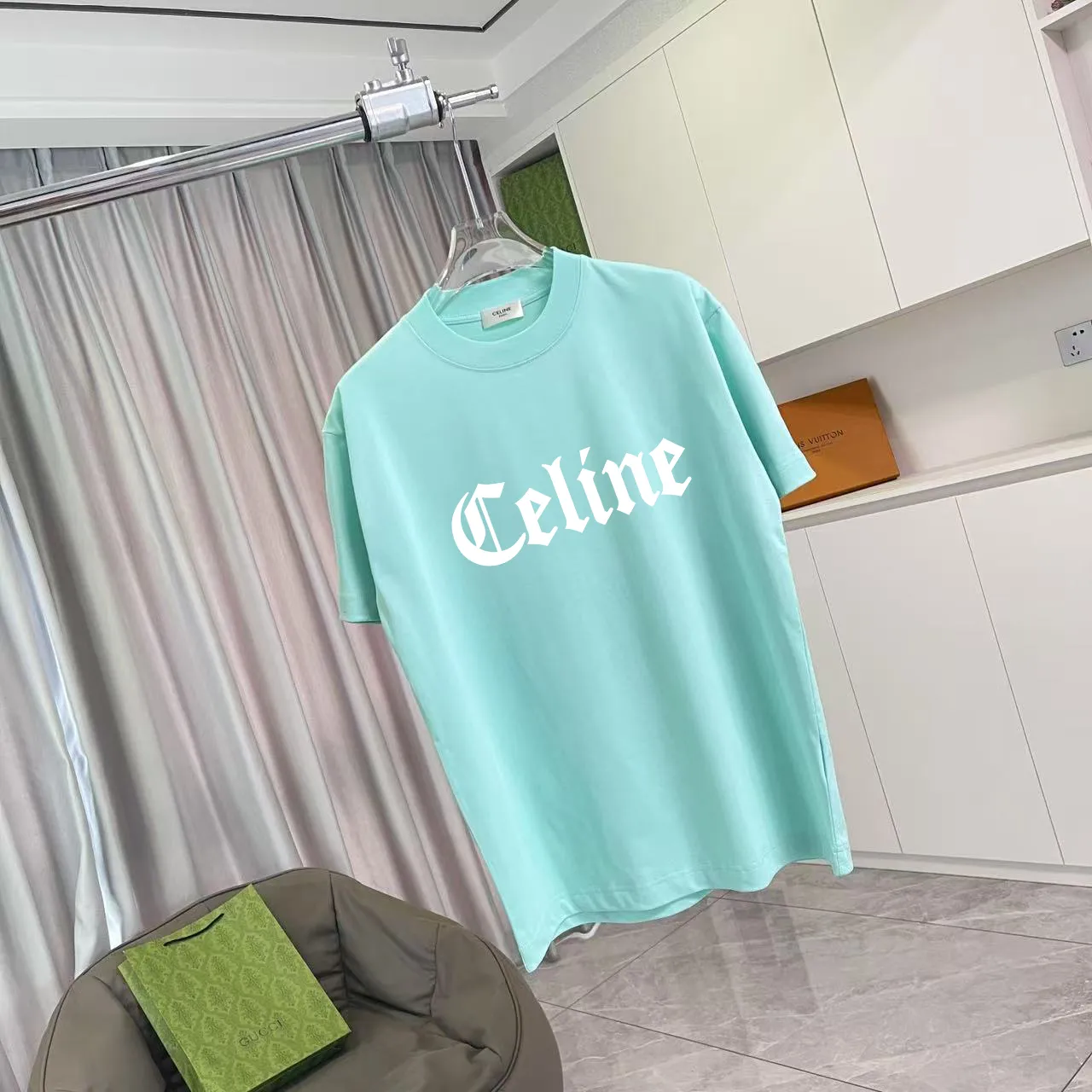 🅿️170 Celine 2025 summer new style personalized letter logo printing customized fabric 300g short-sleeved T-shirt same style for men and women Size: S M L XL XXL five sizes Color: black white lake green purple iron gray