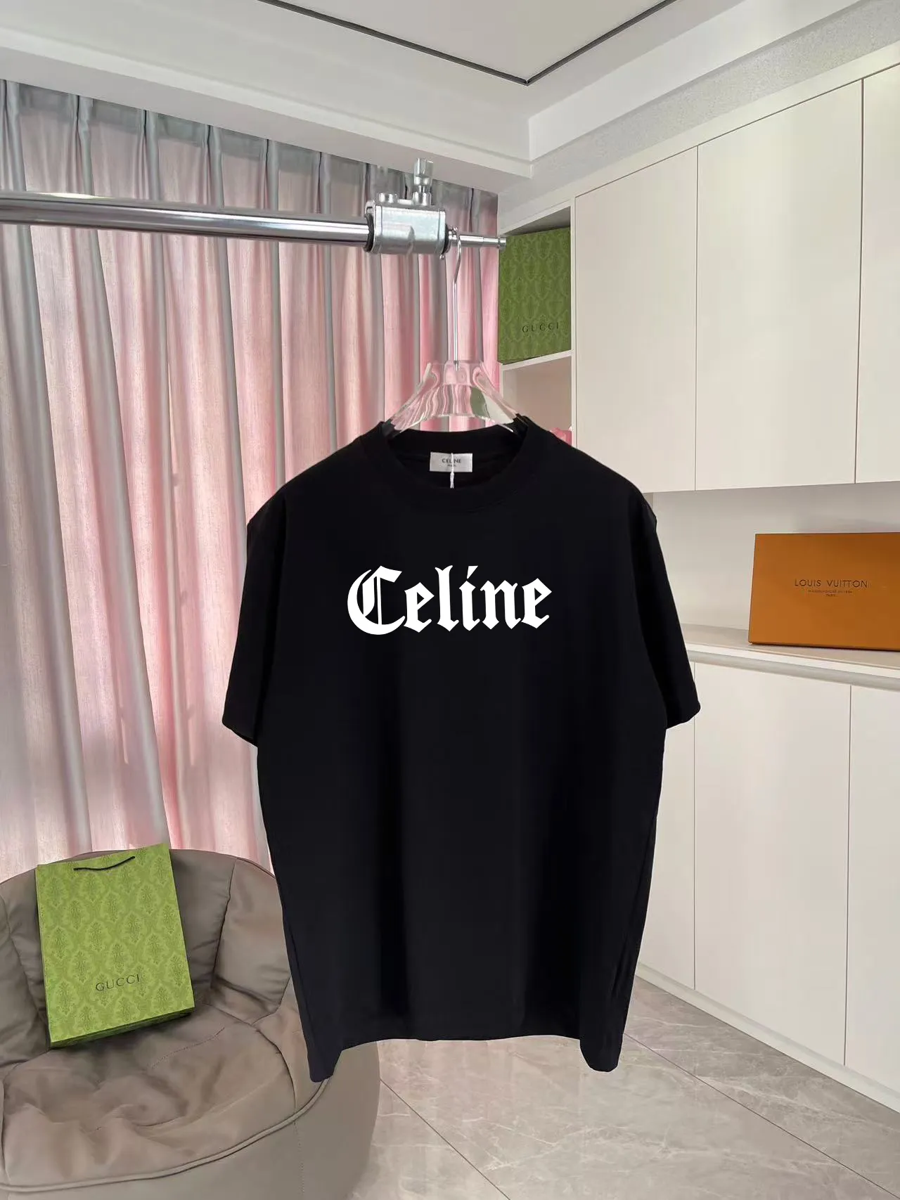 🅿️170 Celine 2025 summer new style personalized letter logo printing customized fabric 300g short-sleeved T-shirt same style for men and women Size: S M L XL XXL five sizes Color: black white lake green purple iron gray