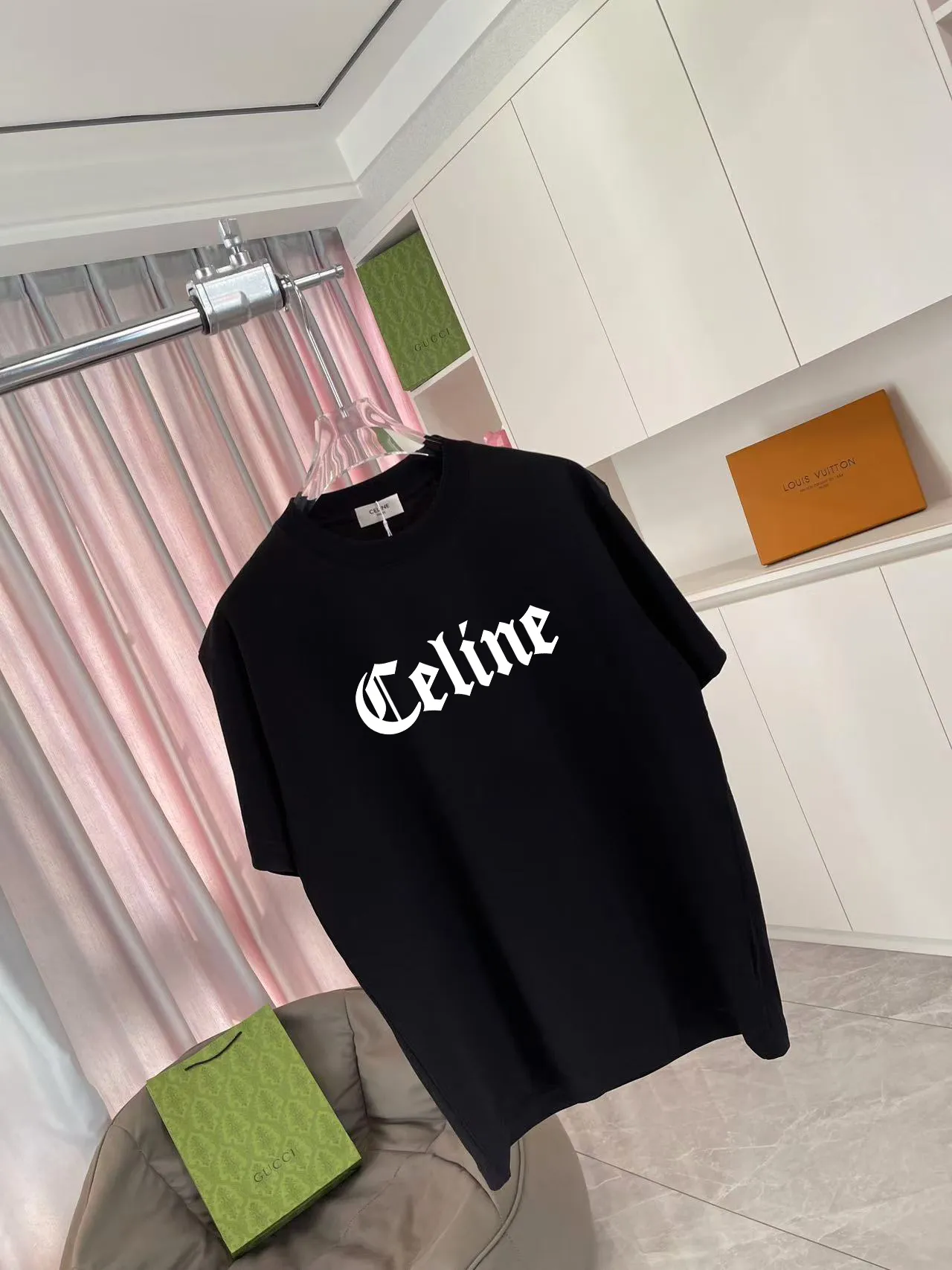 🅿️170 Celine 2025 summer new style personalized letter logo printing customized fabric 300g short-sleeved T-shirt same style for men and women Size: S M L XL XXL five sizes Color: black white lake green purple iron gray
