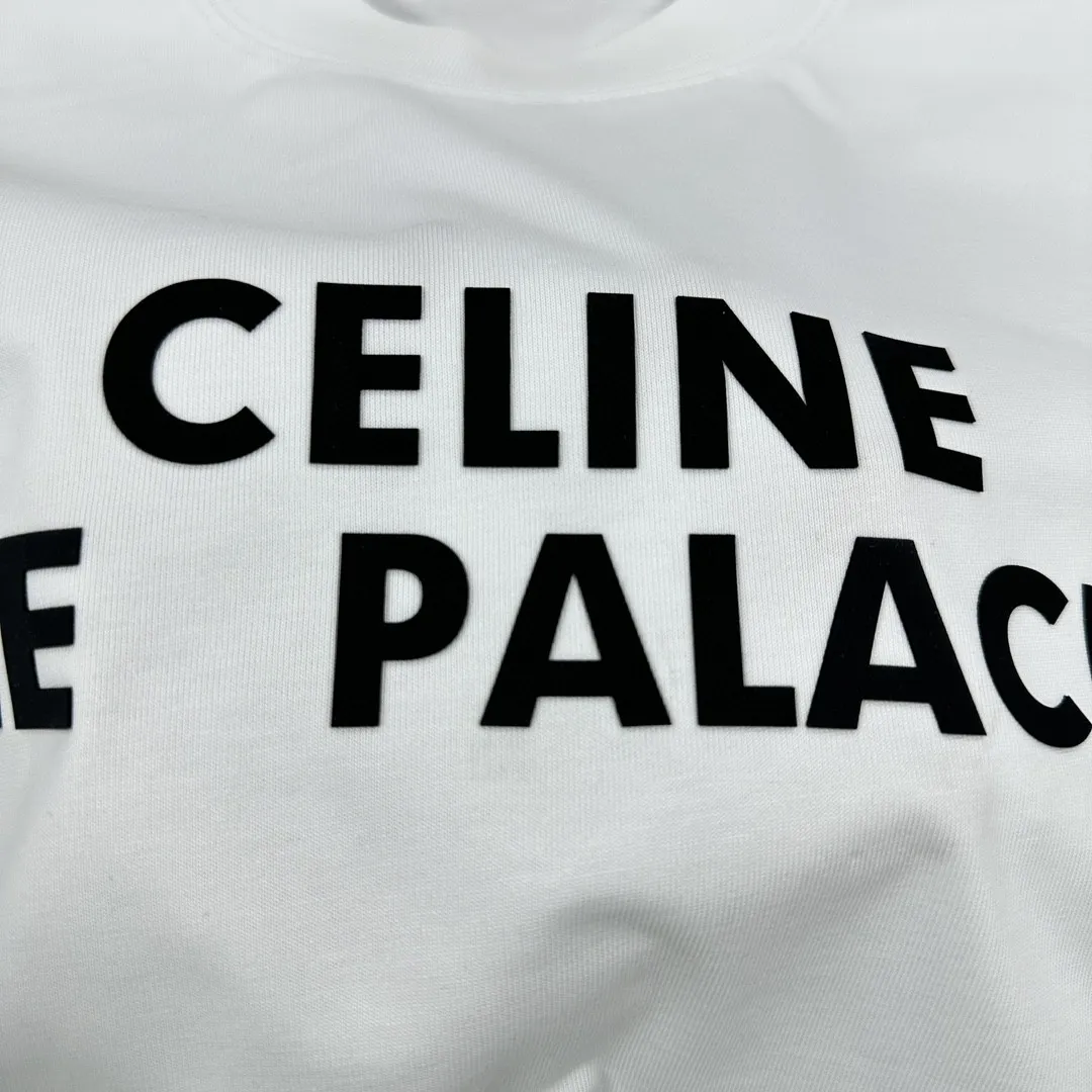 🅿️180 Celi*ne Celin Celin 2025 spring and summer style simple letters three-dimensional silicone technology personalized logo customized double yarn plain cotton fabric short-sleeved T-shirt for men and women. Size: S (90-130 catties) M (120-150 catties) L (140-165 catties) XL (160-180 catties) XXL (180-210 pounds) Color: black white