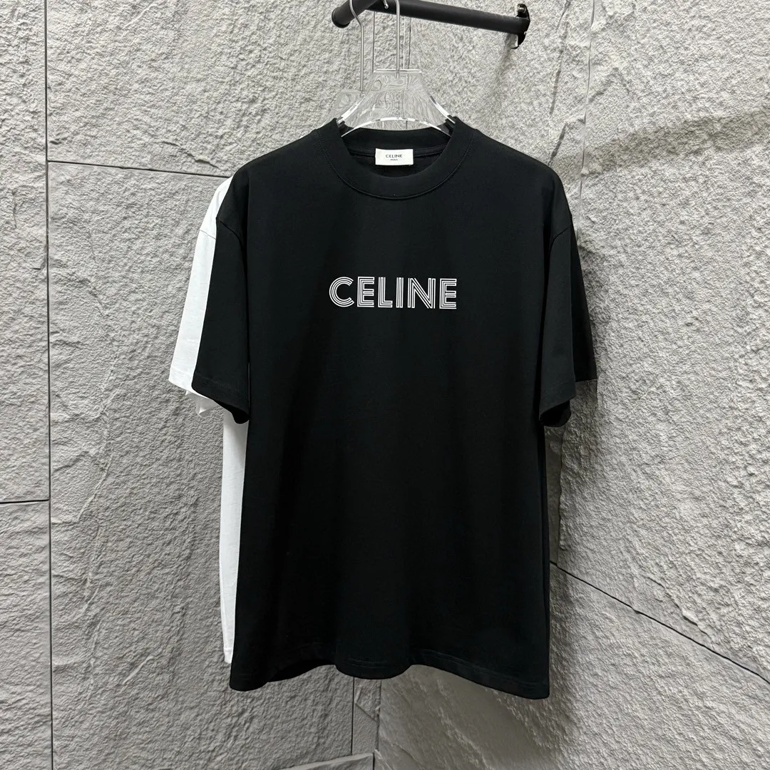 🅿️180 Celi*ne Celin Celin 2025 spring and summer style simple letters flocking technology personalized logo customized double yarn plain cotton fabric short-sleeved T-shirt for men and women size: S (90-130 catties) M (120-150 catties) L (140-165 catties) XL (160-180 catties) XXL (180-210 pounds) Color: black white