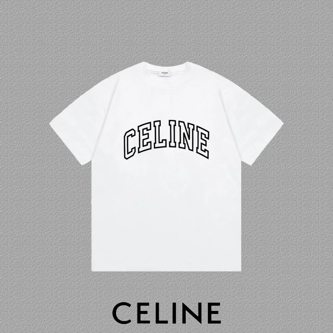 🅿️170 ✨🔥 [CELINE] 2025FW short-sleeved T-shirt, silicone thick plate letter LOGO, high-end 26s double yarn 300g fabric, heavy fabric, custom stretcher rib, same cylinder and dye, complete three standards, same style for men and women, color: black, white, size: S M L XL 2XL