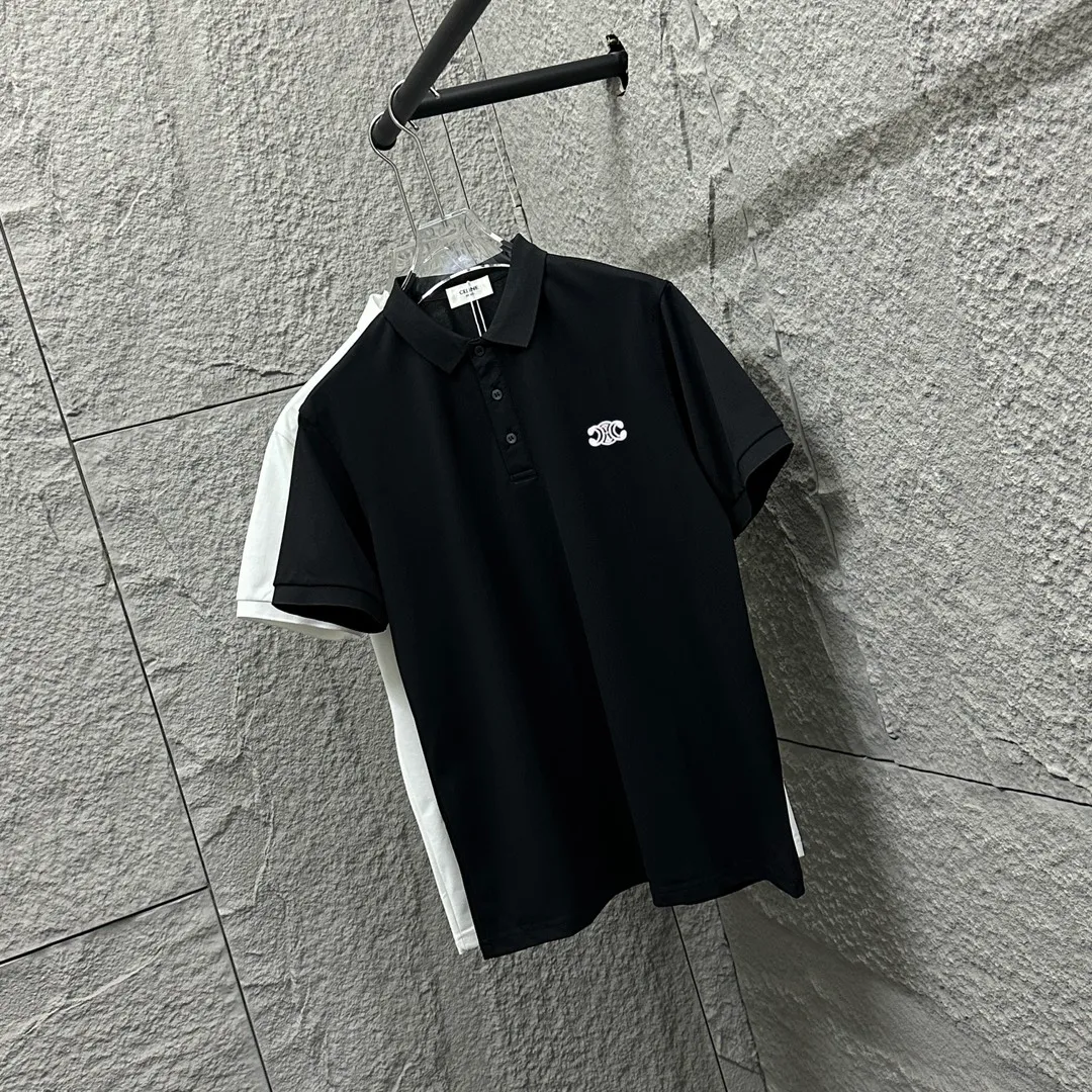 🅿️180 CELIN* Selin* short-sleeved POLO 2025 spring and summer new style, simple small embroidered pique fabric, short-sleeved polo stand-up collar, same style for men and women Size: M L XL 2XL 3XL Color: black white