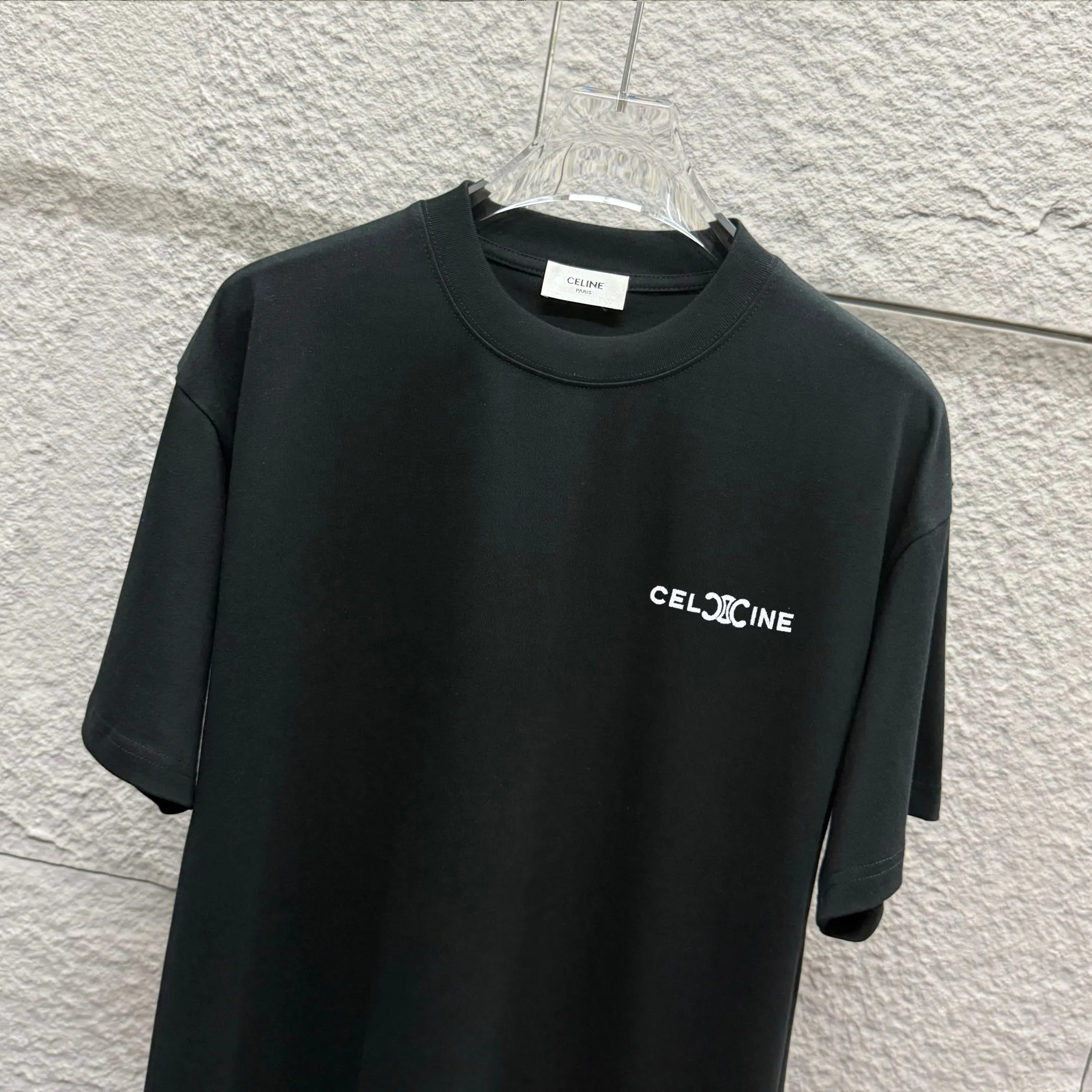 🅿️180 Celi* Celi Celin 2025 spring and summer style Simple double C letter embroidery personalized logo Customized double yarn plain cotton fabric Short-sleeved T-shirt Uniform for men and women Size: S (90-130 catties) M (120-150 catties) L (140-165 catties) XL (160-180 catties) XXL (180-210 pounds) Color: black white