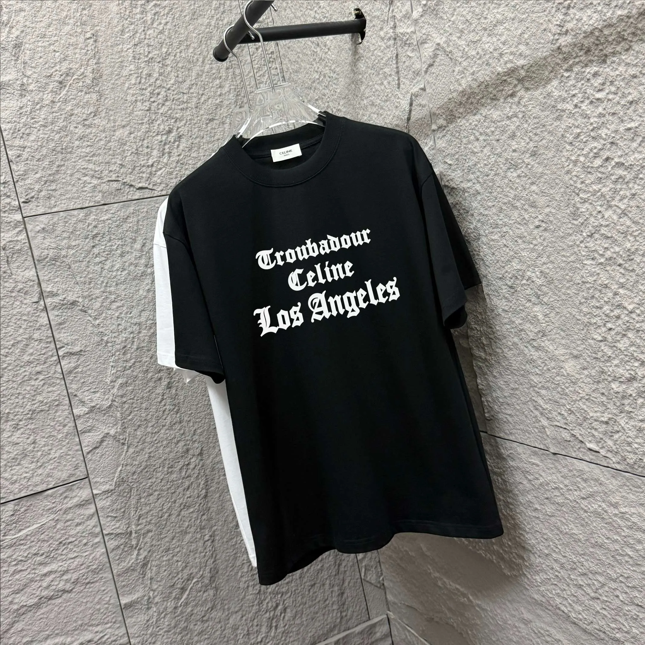 🅿️180 Celi*ne Celin Celin 2025 spring and summer style simple letters three-dimensional foaming process personalized logo customized double yarn plain cotton fabric short-sleeved T-shirt for men and women. Size: S (90-130 catties) M (120-150 catties) L (140-165 catties) XL (160-180 catties) XXL (180-210 pounds) Color: black white