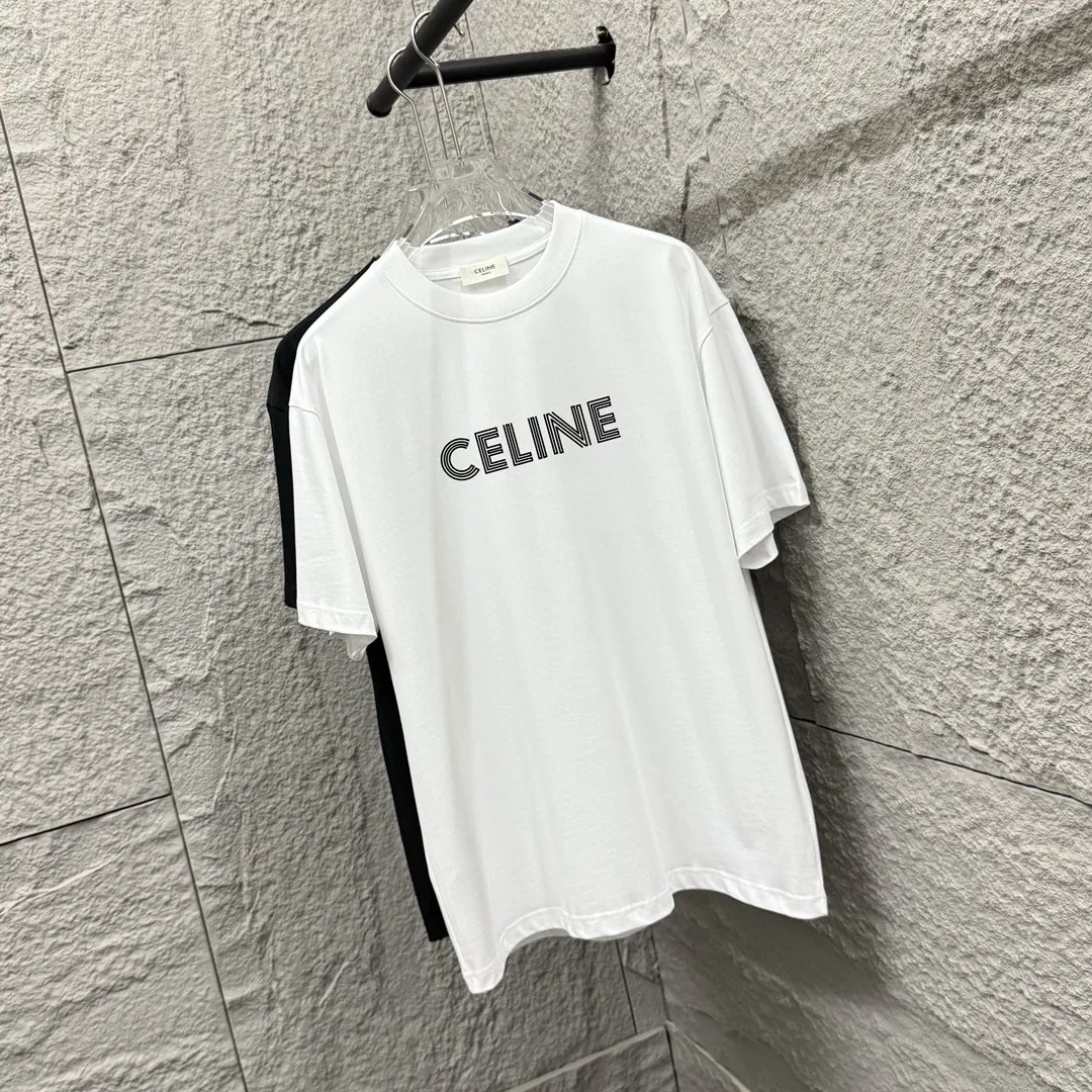 🅿️180 Celi*ne Celin Celin 2025 spring and summer style simple letters flocking technology personalized logo customized double yarn plain cotton fabric short-sleeved T-shirt for men and women size: S (90-130 catties) M (120-150 catties) L (140-165 catties) XL (160-180 catties) XXL (180-210 pounds) Color: black white