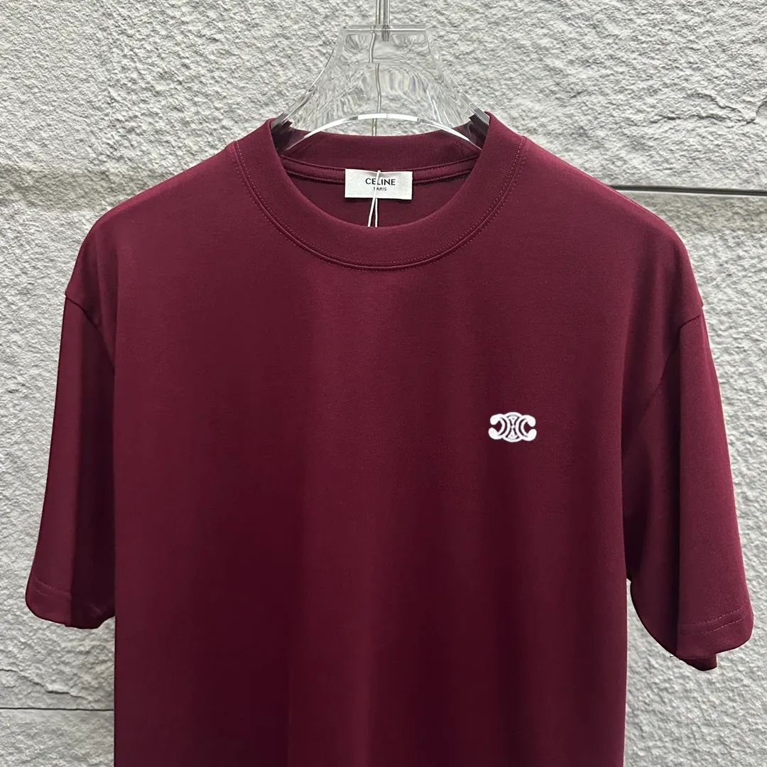 🅿️180 Celi* Celine 2025 Spring and Summer Style Simple letter small embroidery personalized logo Customized double yarn plain cotton fabric Short-sleeved T-shirt Uniform for men and women Color: Black White Angora Red Floral Gray Size: S (90-130 catties) M (120-150 catties) L (140-165 catties) XL (160-180 catties) XXL (180-210 pounds)