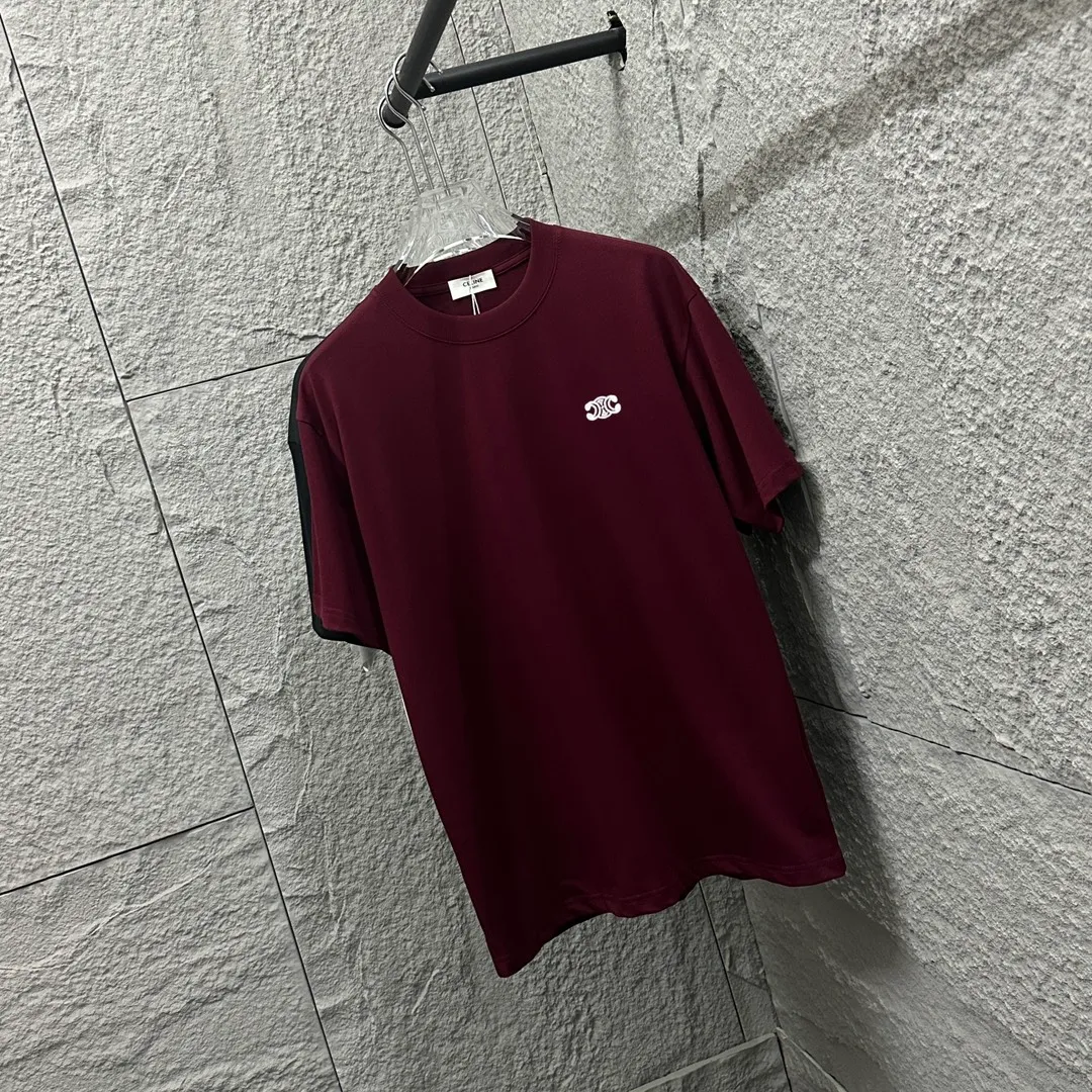 🅿️180 Celi* Celine 2025 Spring and Summer Style Simple letter small embroidery personalized logo Customized double yarn plain cotton fabric Short-sleeved T-shirt Uniform for men and women Color: Black White Angora Red Floral Gray Size: S (90-130 catties) M (120-150 catties) L (140-165 catties) XL (160-180 catties) XXL (180-210 pounds)