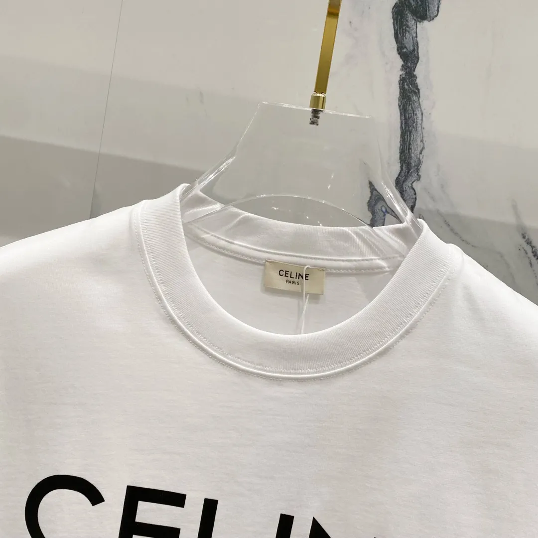 🅿️180 CELINE Celine 260g round neck short-sleeved T-shirt Celine arranged brand letters LOGO printed logo Official synchronization High version High quality Fashion personality Versatile trend Pure original quality Original fabric Tag Collar label Washed wheat Complete three labels Color: Black. White. Size: XS-L