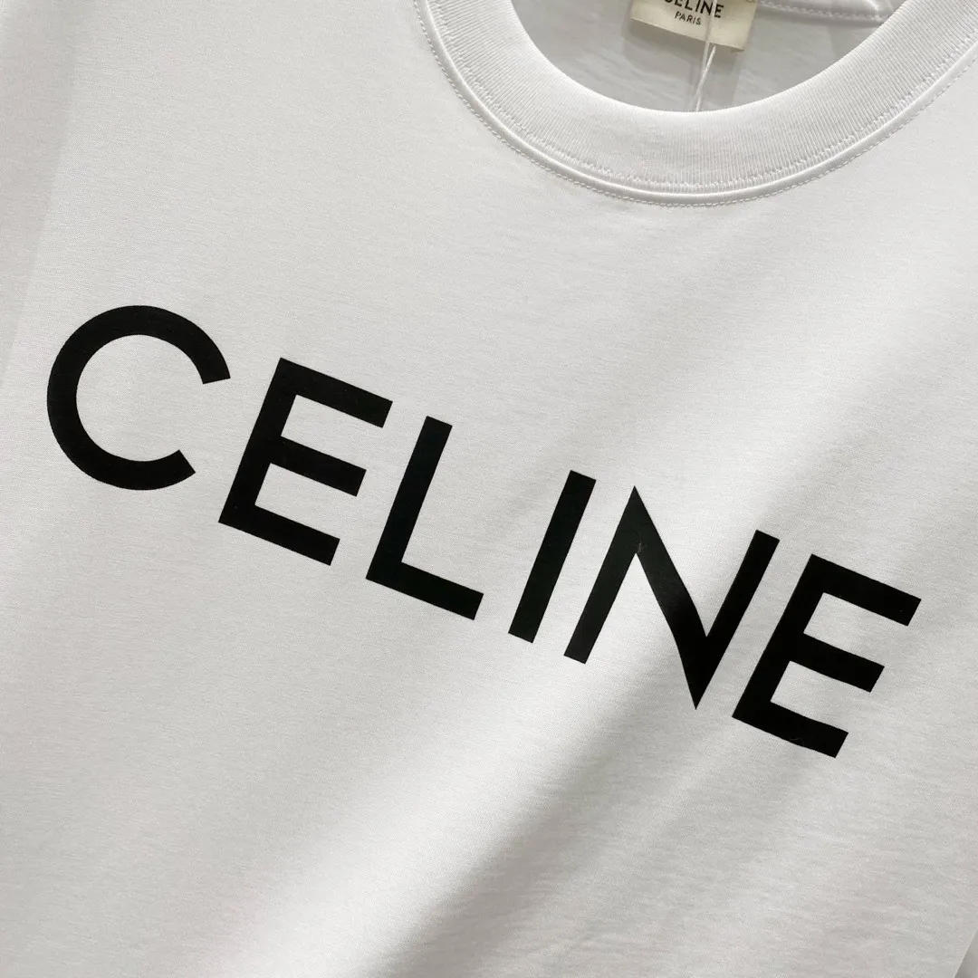 🅿️180 CELINE Celine 260g round neck short-sleeved T-shirt Celine arranged brand letters LOGO printed logo Official synchronization High version High quality Fashion personality Versatile trend Pure original quality Original fabric Tag Collar label Washed wheat Complete three labels Color: Black. White. Size: XS-L
