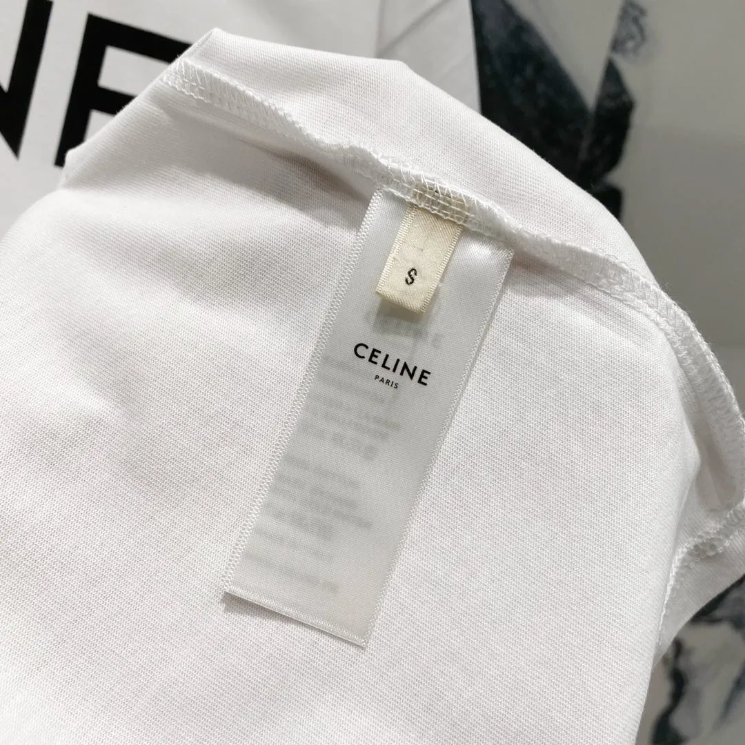 🅿️180 CELINE Celine 260g round neck short-sleeved T-shirt Celine arranged brand letters LOGO printed logo Official synchronization High version High quality Fashion personality Versatile trend Pure original quality Original fabric Tag Collar label Washed wheat Complete three labels Color: Black. White. Size: XS-L